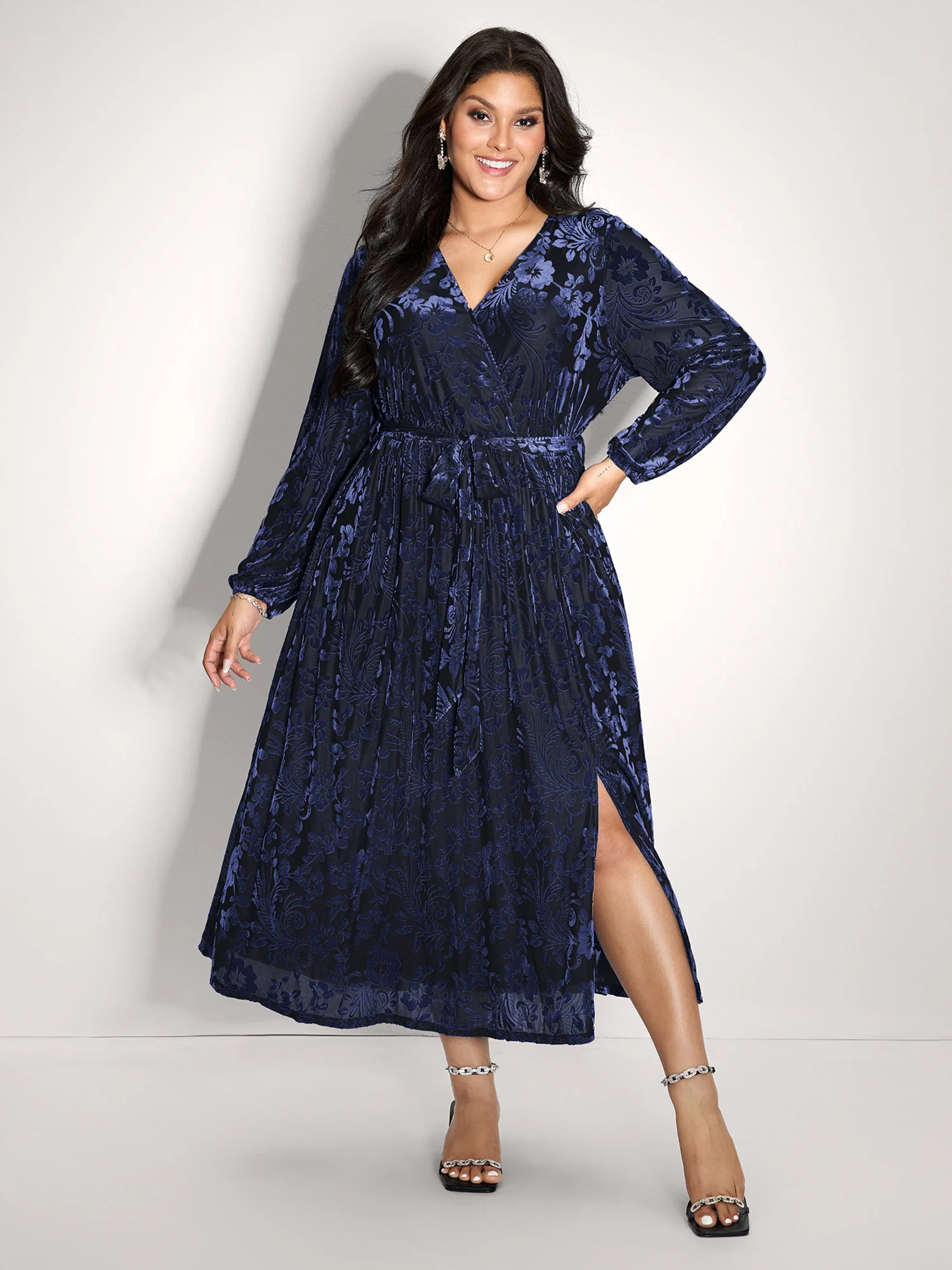 Laser-Cut Velvet Waist-Tie Maxi Dress