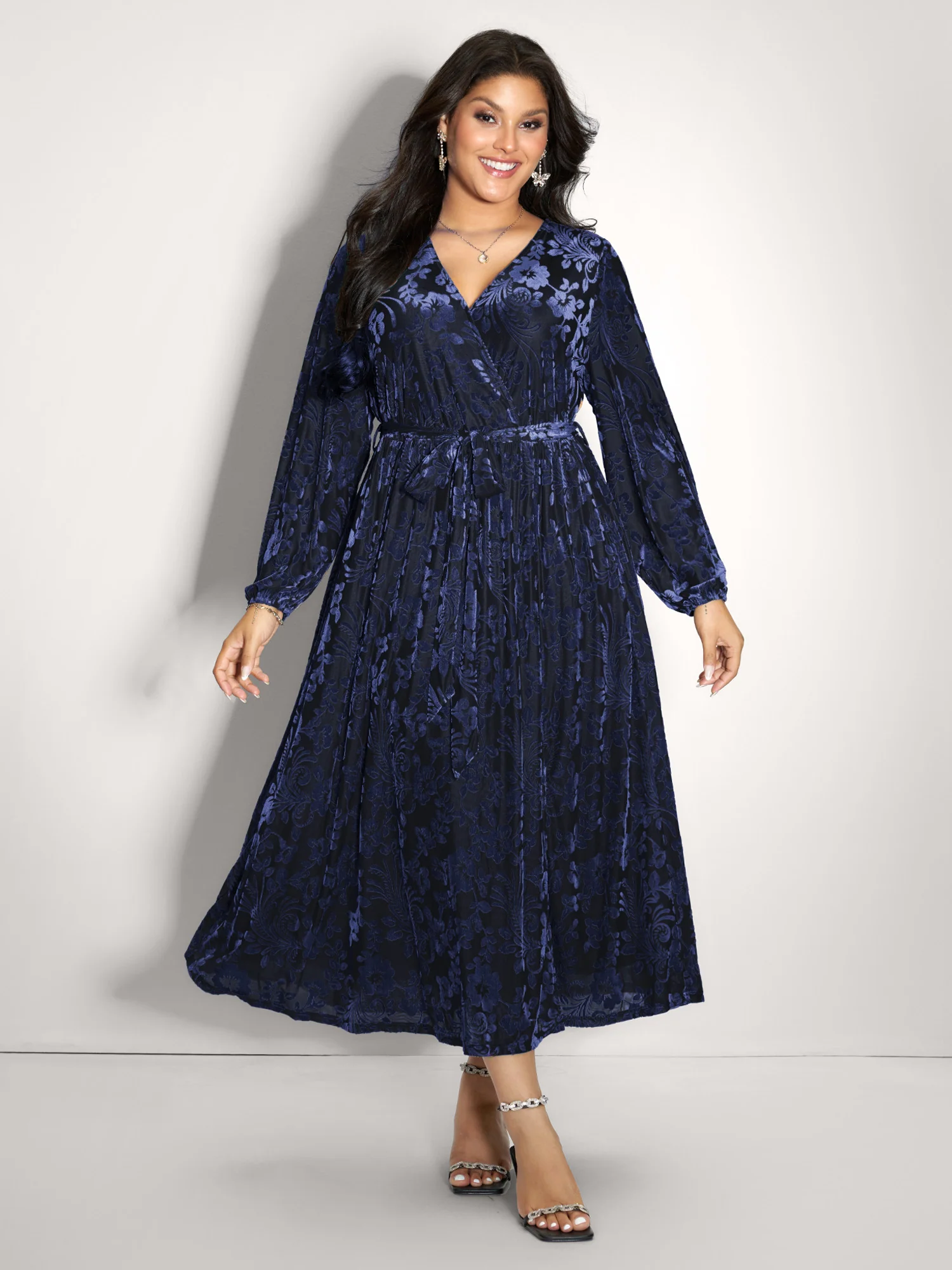 Laser-Cut Velvet Waist-Tie Maxi Dress - Image 3