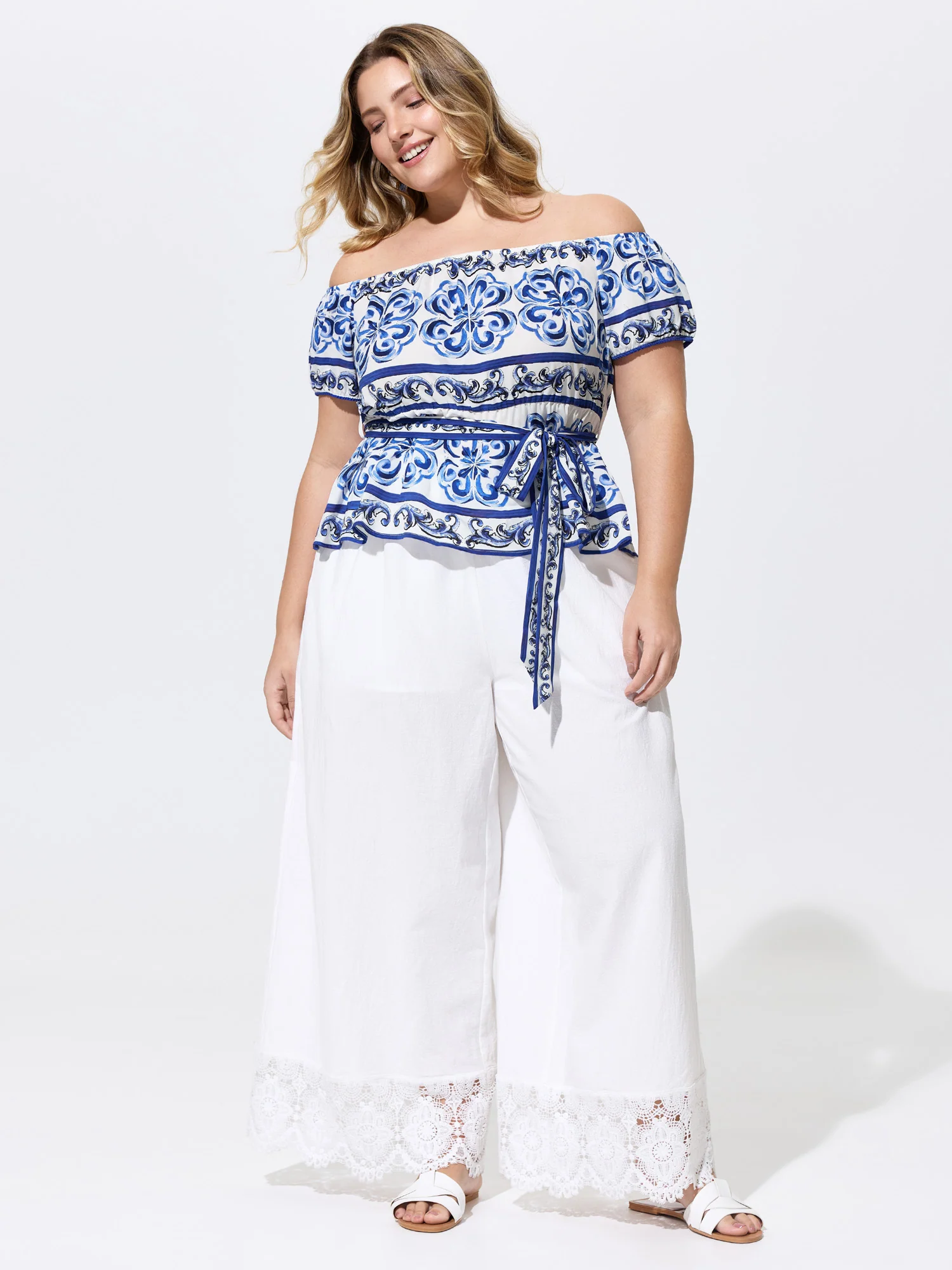 Majolica Print Stretchy Waist Belted Blouse - Image 3