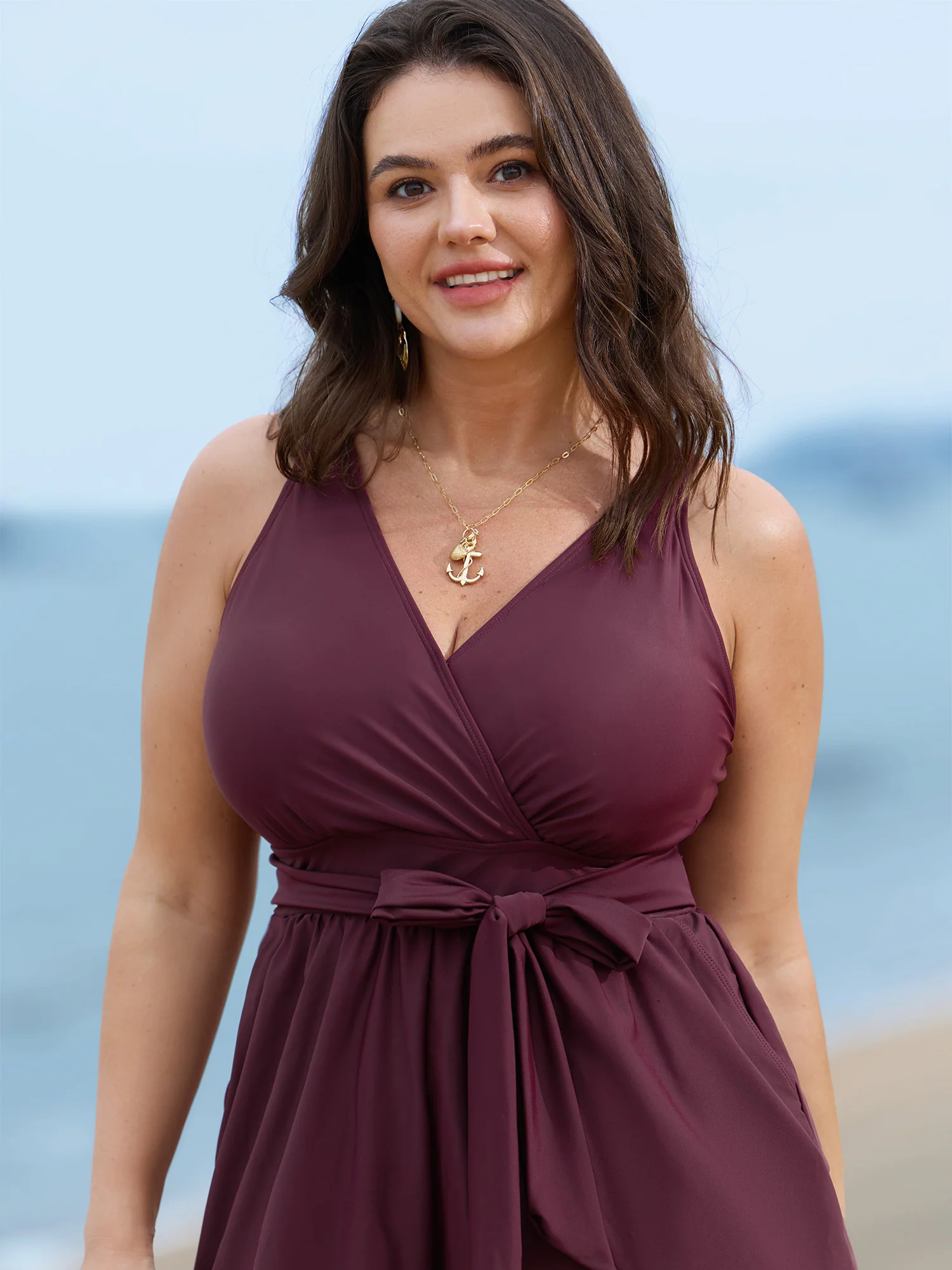 Surplice Neckline Belted Plain One-Piece Swimsuit - Image 31