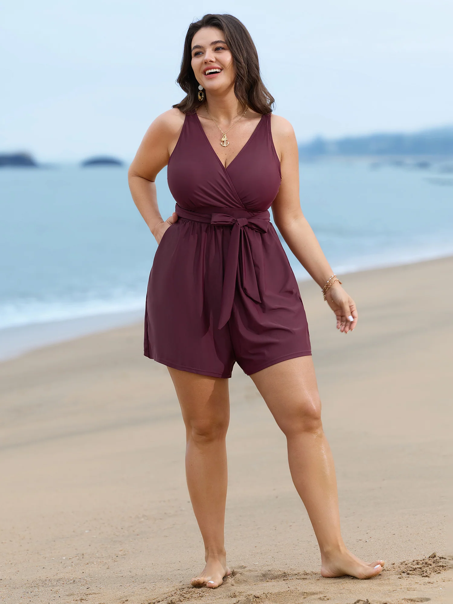 Surplice Neckline Belted Plain One-Piece Swimsuit - Image 32