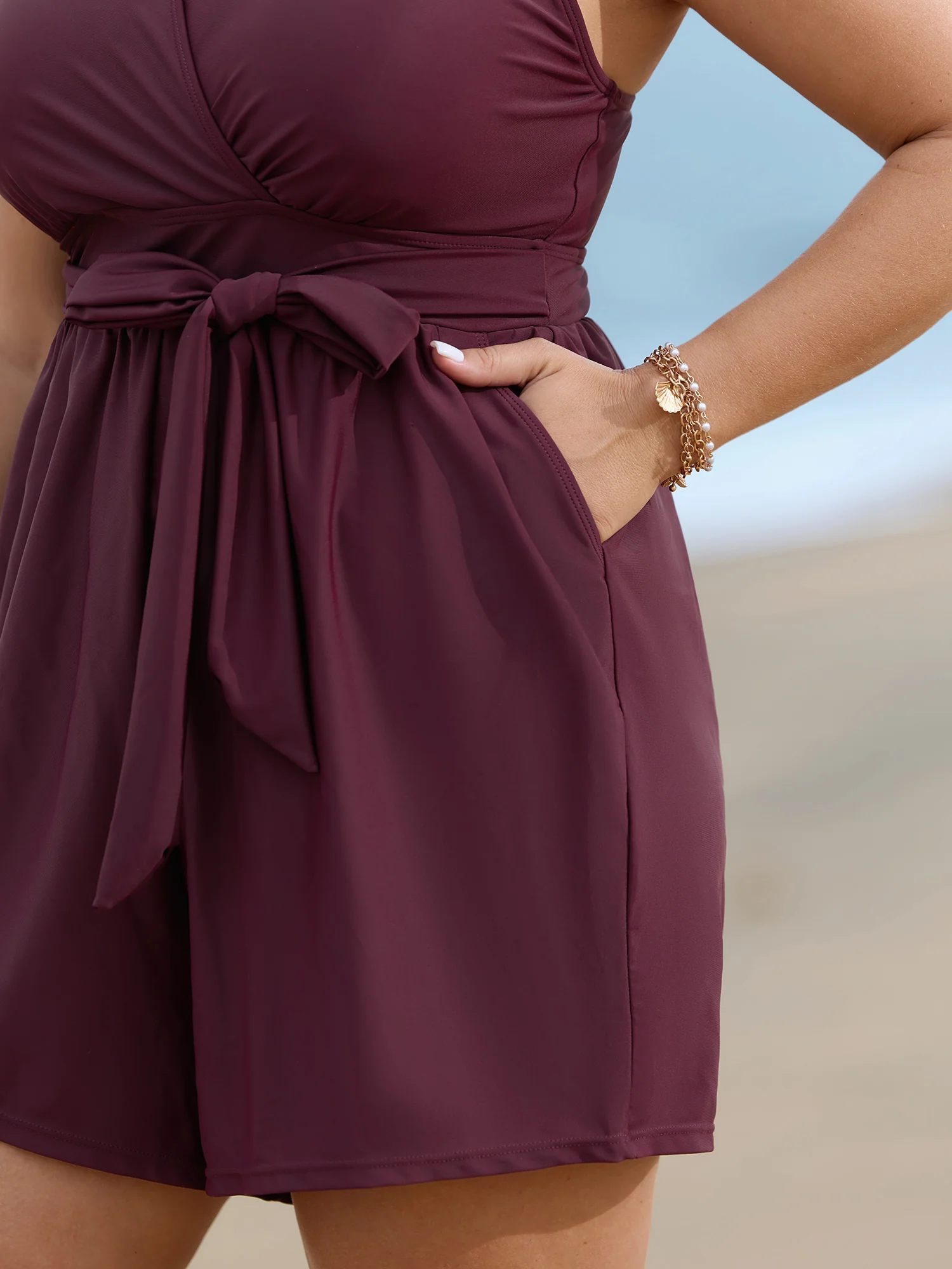 Surplice Neckline Belted Plain One-Piece Swimsuit - Image 33