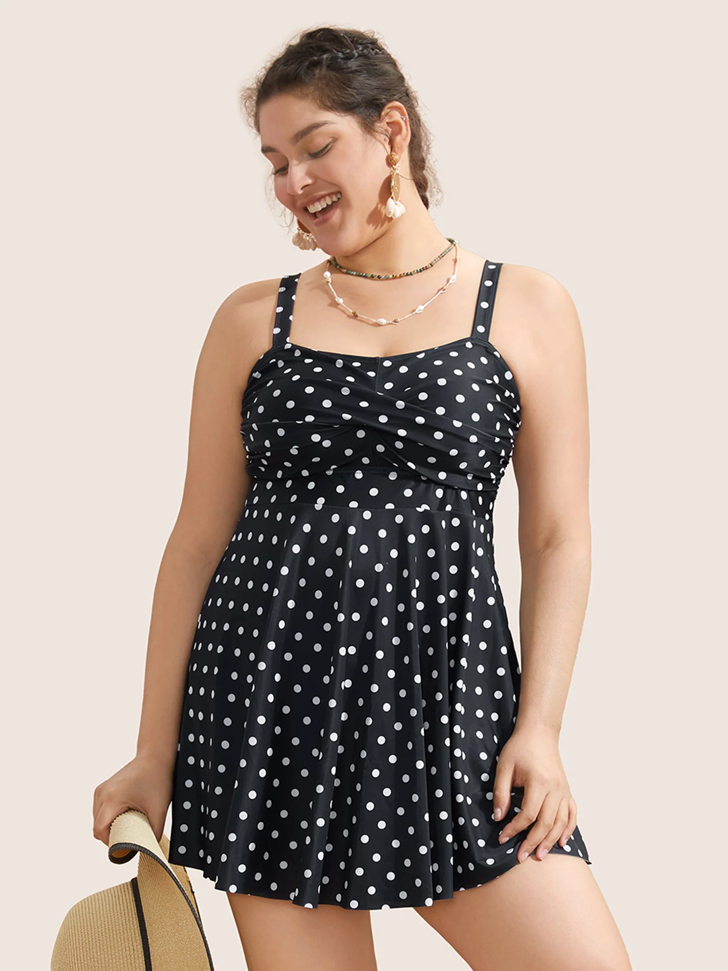 Polka Dot Crossover Ruched Flutter Hem Swim Dress - Image 10