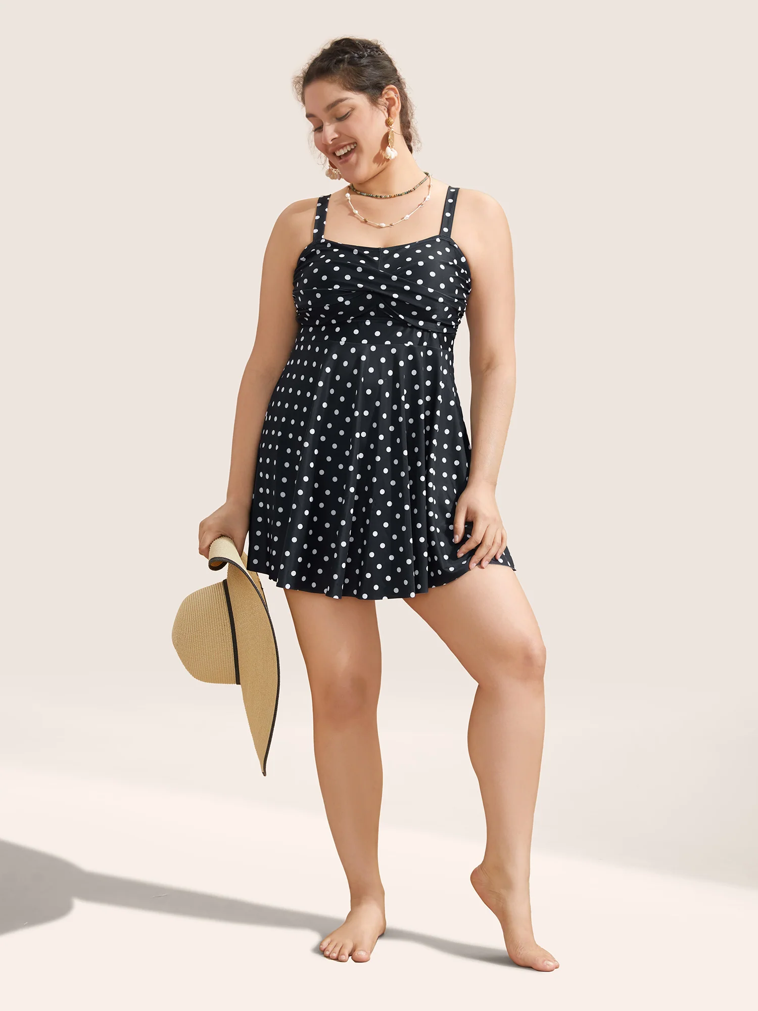Polka Dot Crossover Ruched Flutter Hem Swim Dress - Image 11