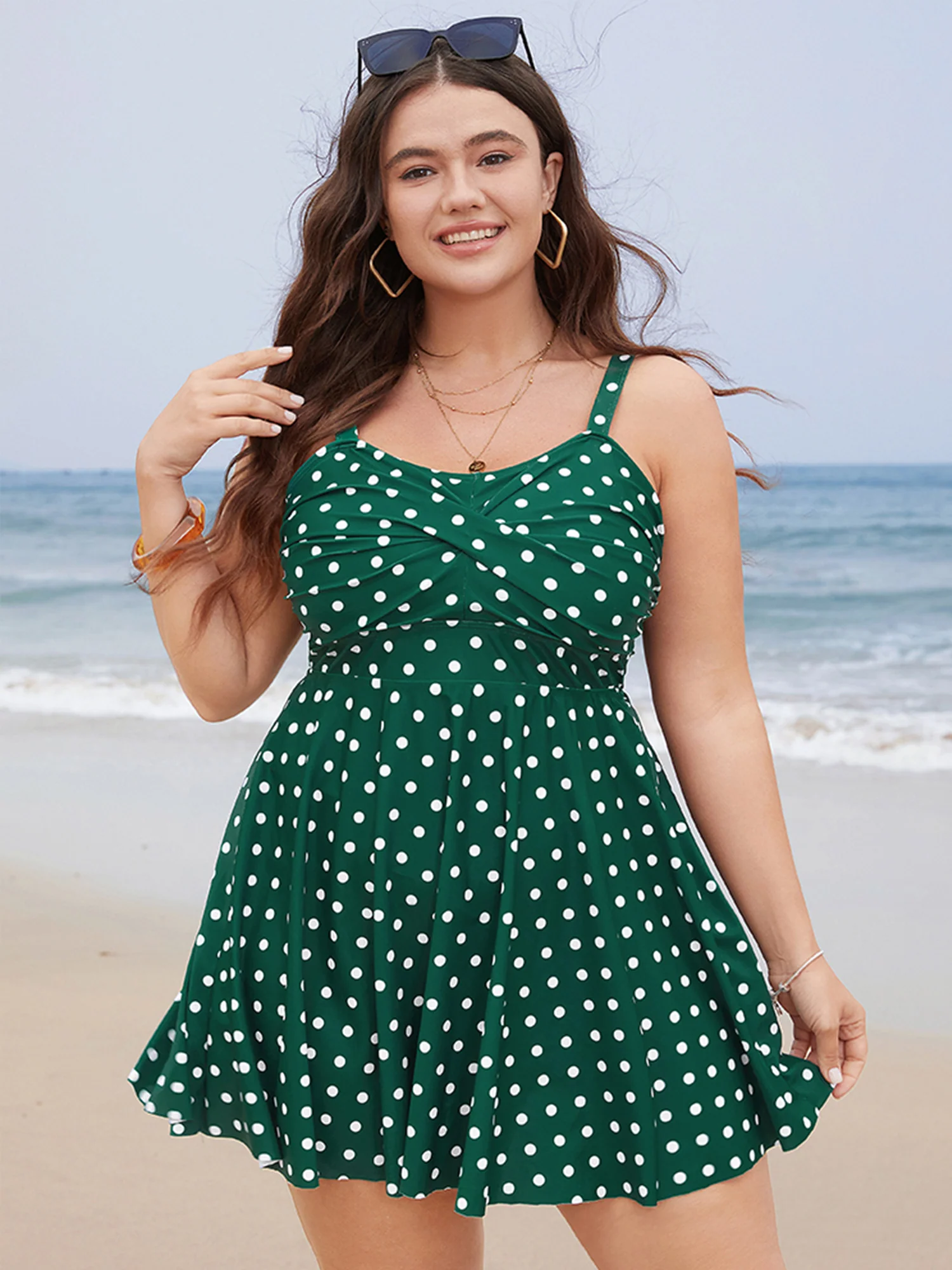 Polka Dot Crossover Ruched Flutter Hem Swim Dress - Image 4