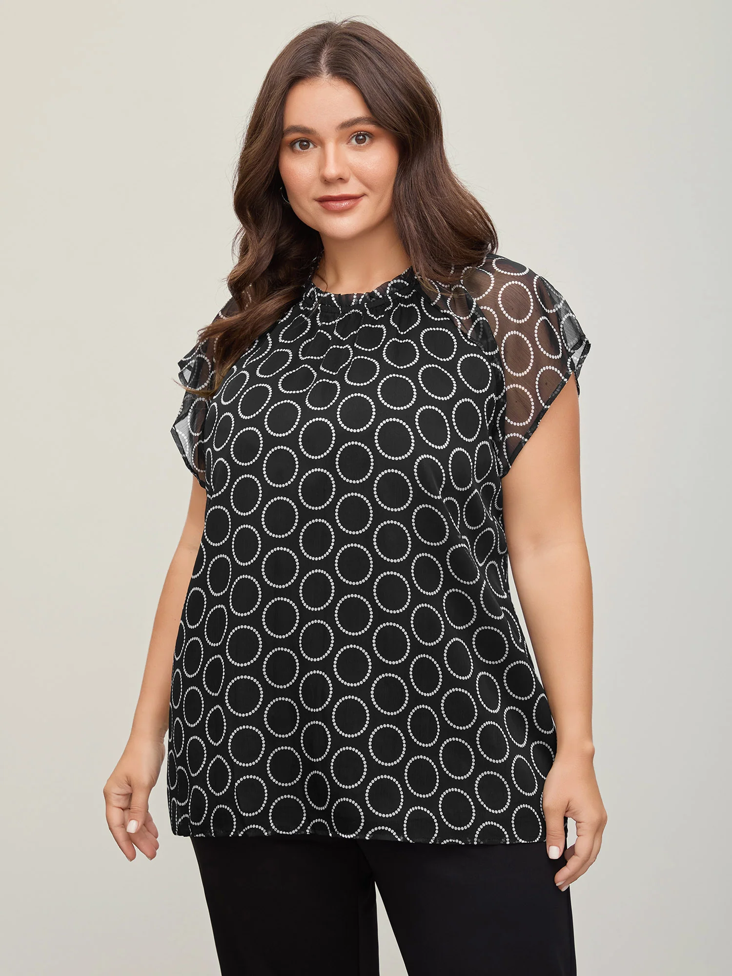 Polka Dot Mock Neck Mesh Patchwork Blouse
