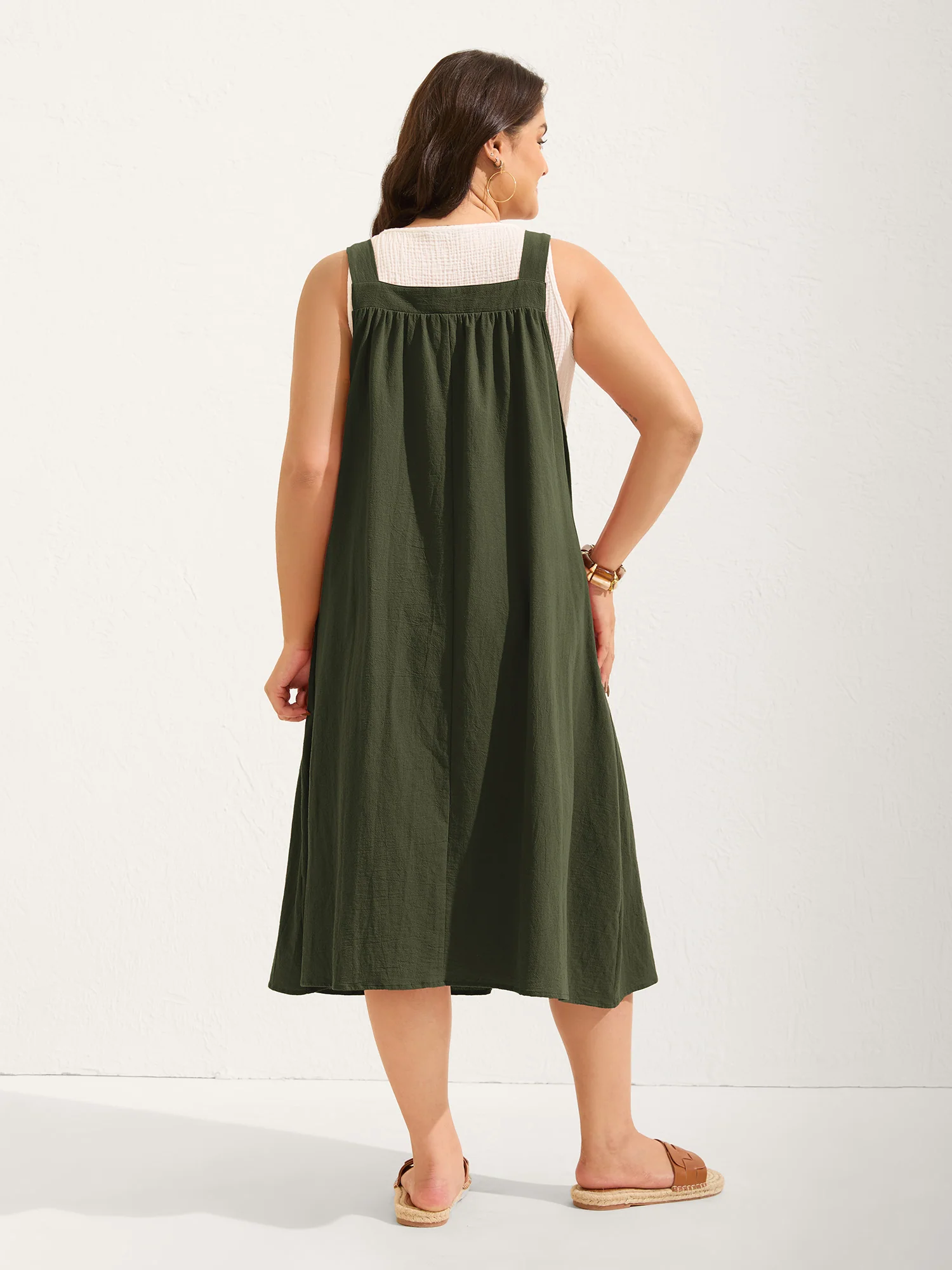 Pure Cotton Pleated Pockets Midi Dress - Image 15