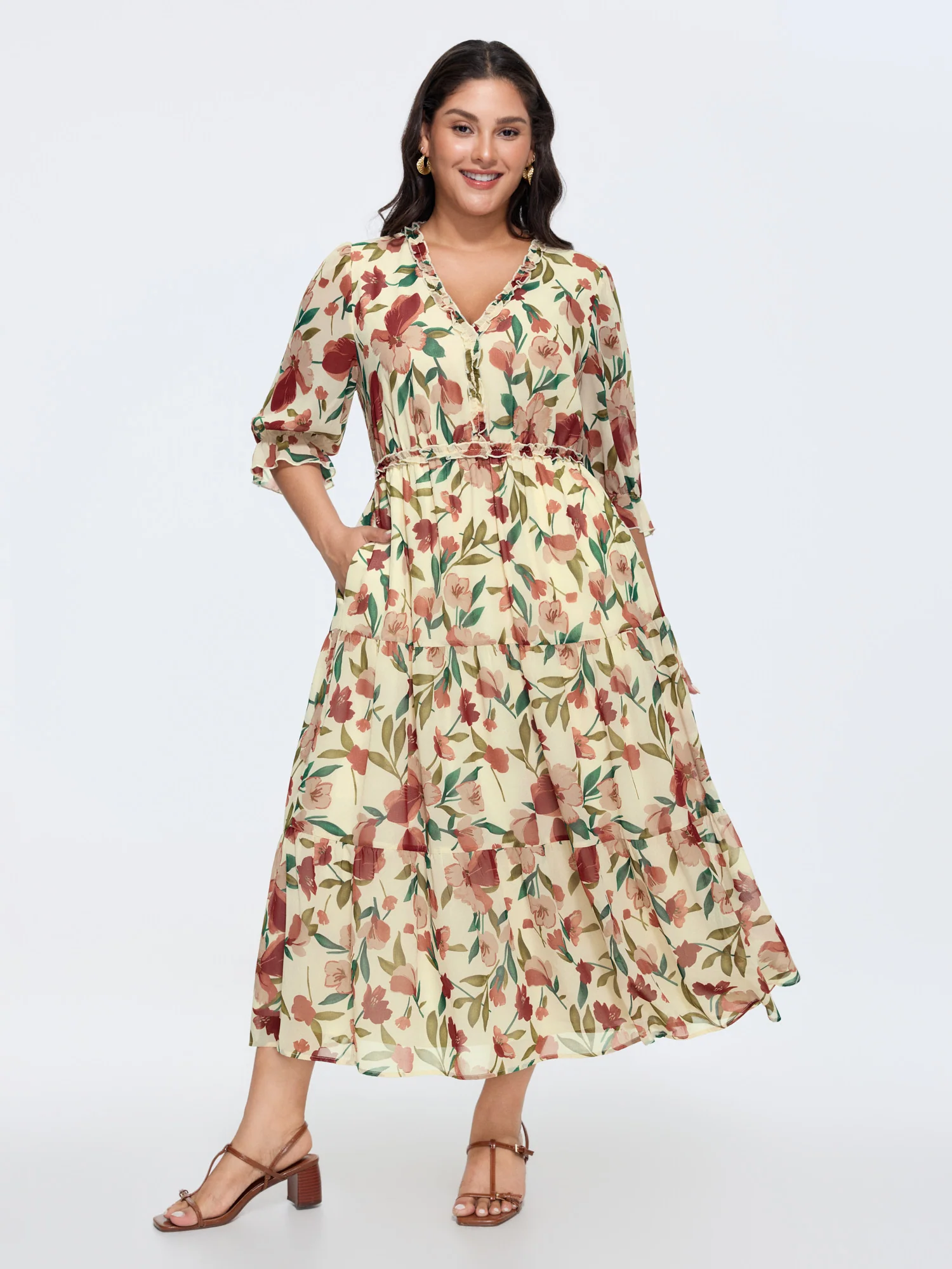 Romantic Floral Print Ruffled Edge Maxi Dress - Image 12