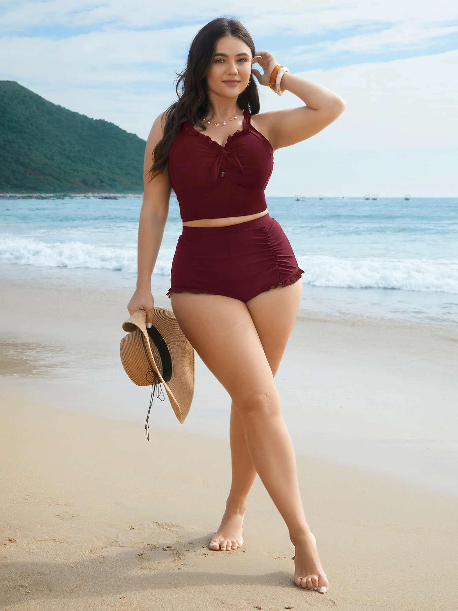 Ruched Mesh Seamed Ruffle Trim Bikini Bottoms - Image 18