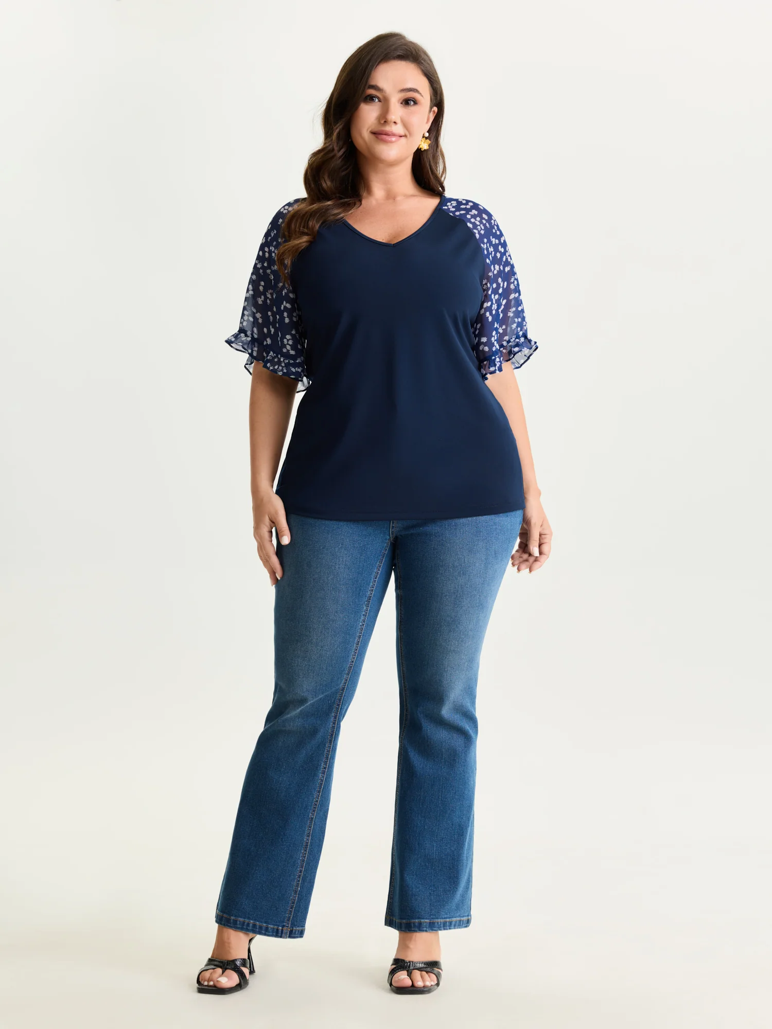 Sheer Floral Print Ruffled Cuff Sleeve Top - Image 3