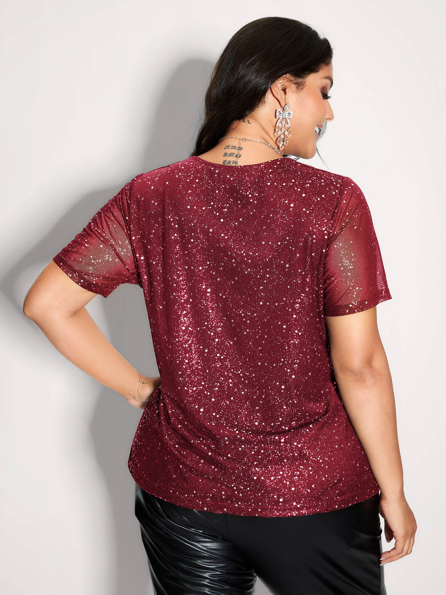 Shimmery Wrap Neck Sheer Sleeve T-Shirt - Image 10