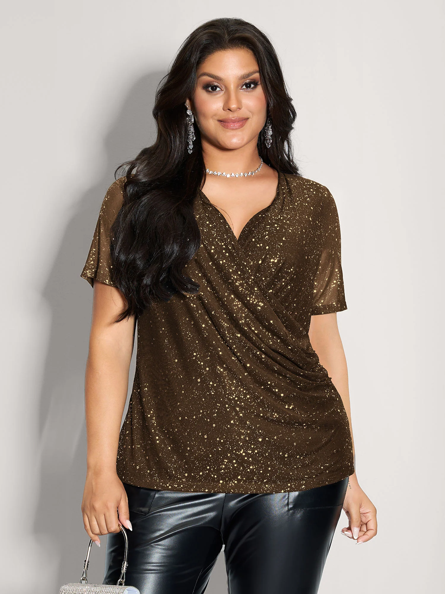 Shimmery Wrap Neck Sheer Sleeve T-Shirt - Image 11