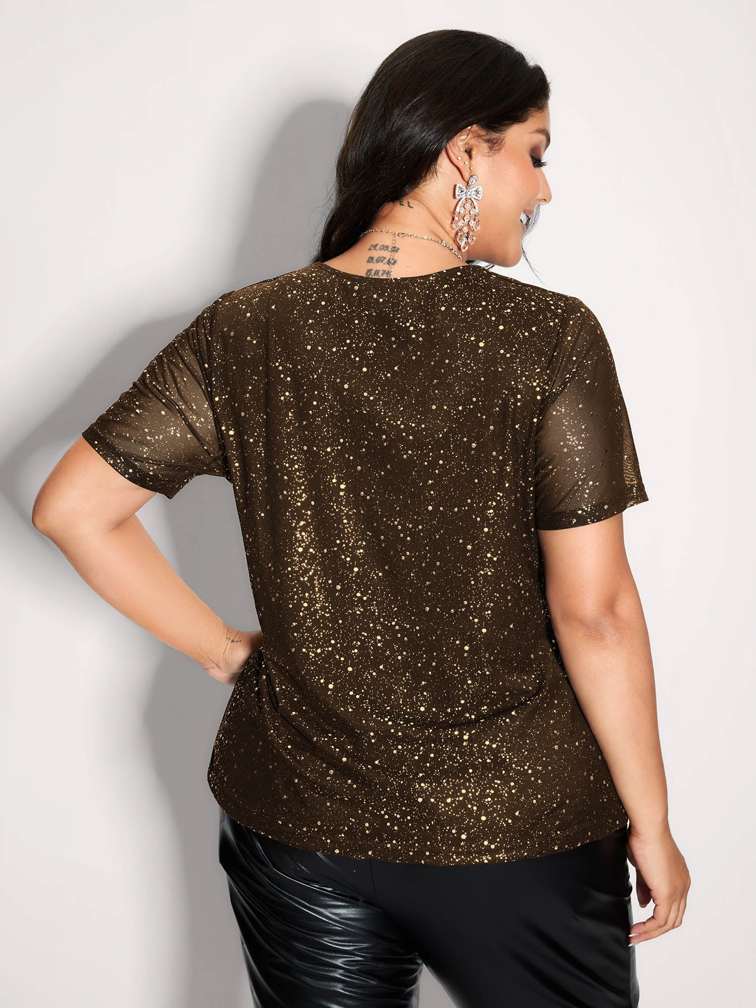 Shimmery Wrap Neck Sheer Sleeve T-Shirt - Image 14