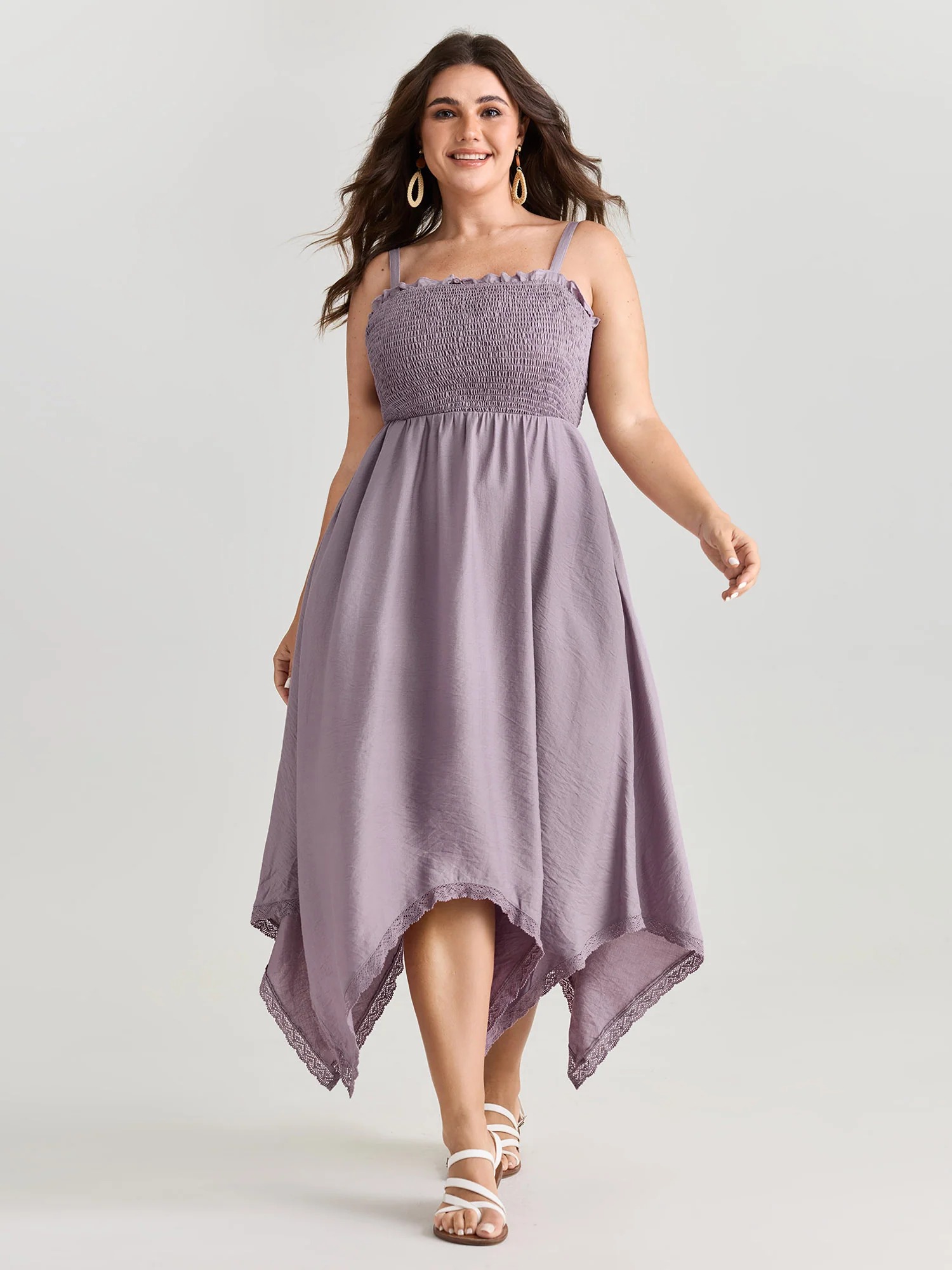 Shirred Handkerchief Hem Midi Dress