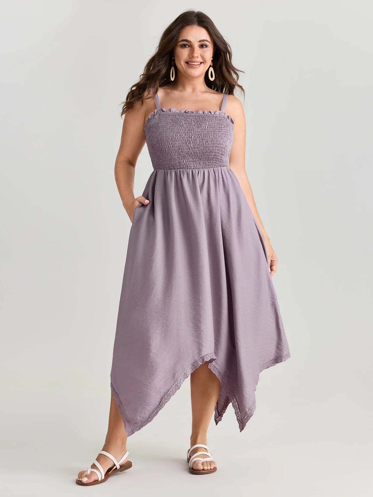 Shirred Handkerchief Hem Midi Dress - Image 3