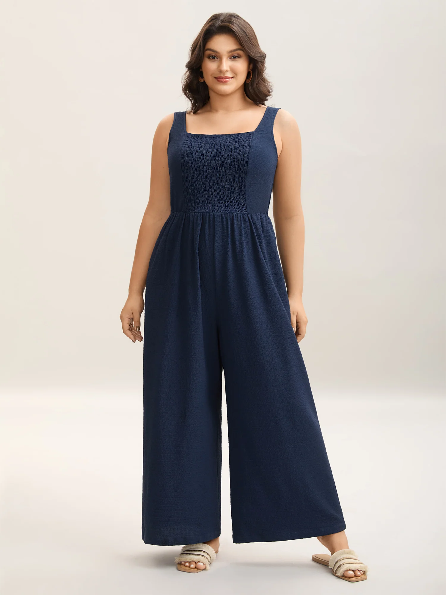 Shirred Pockets Wide-Leg Plain Jumpsuit - Image 3
