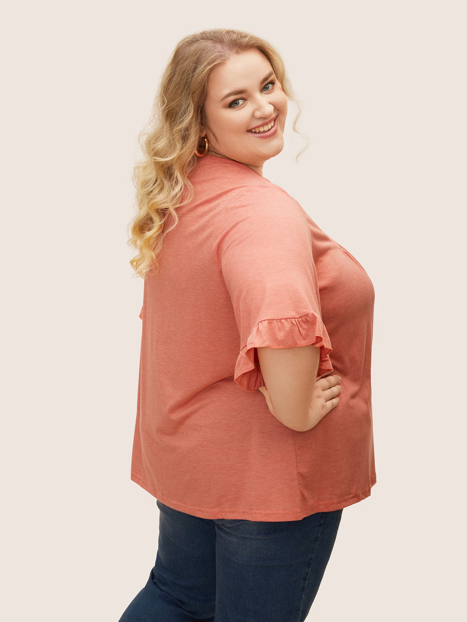 Solid Gathered Ruffle Trim Flounce Sleeve T-shirt - Image 10