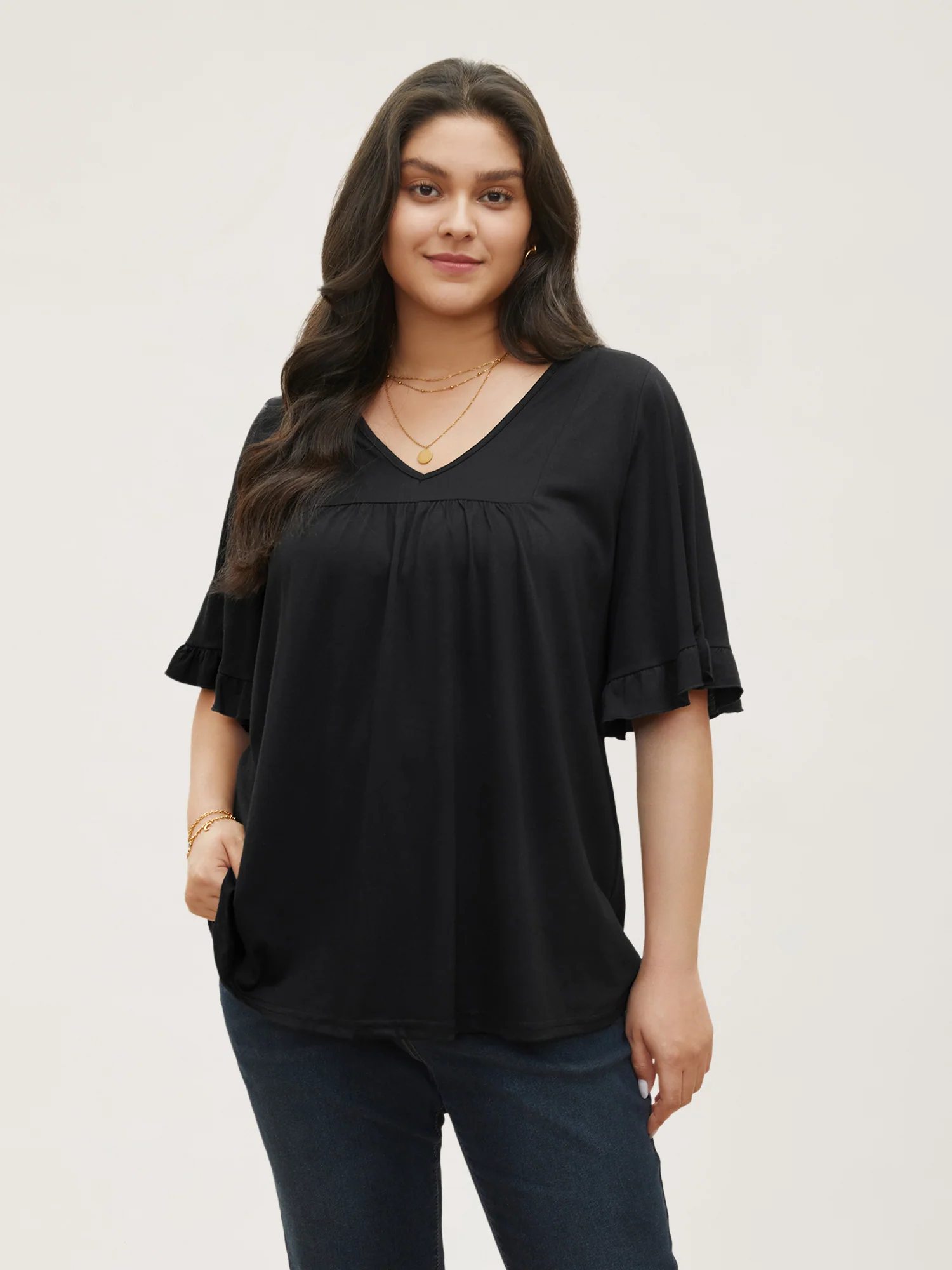 Solid Gathered Ruffle Trim Flounce Sleeve T-shirt - Image 11
