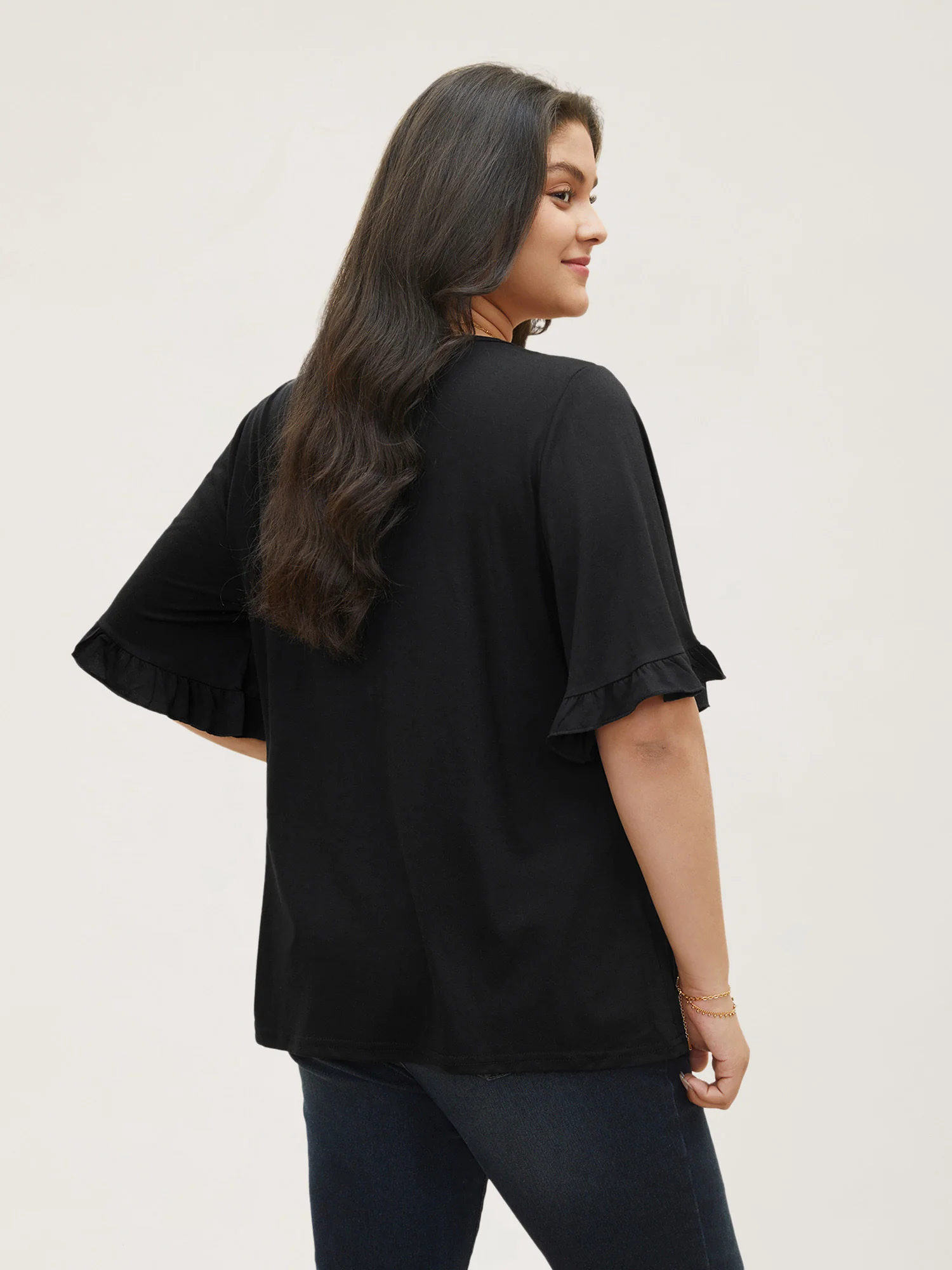 Solid Gathered Ruffle Trim Flounce Sleeve T-shirt - Image 12