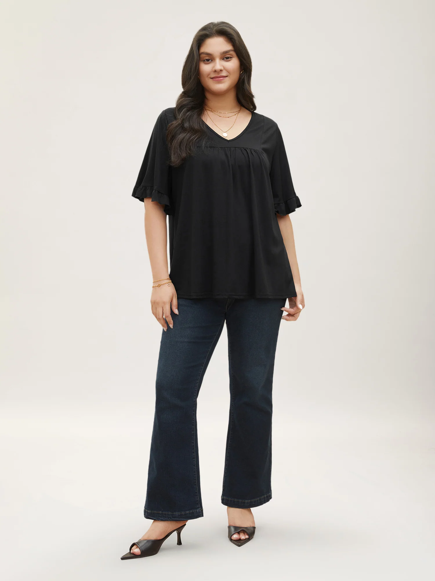 Solid Gathered Ruffle Trim Flounce Sleeve T-shirt - Image 13