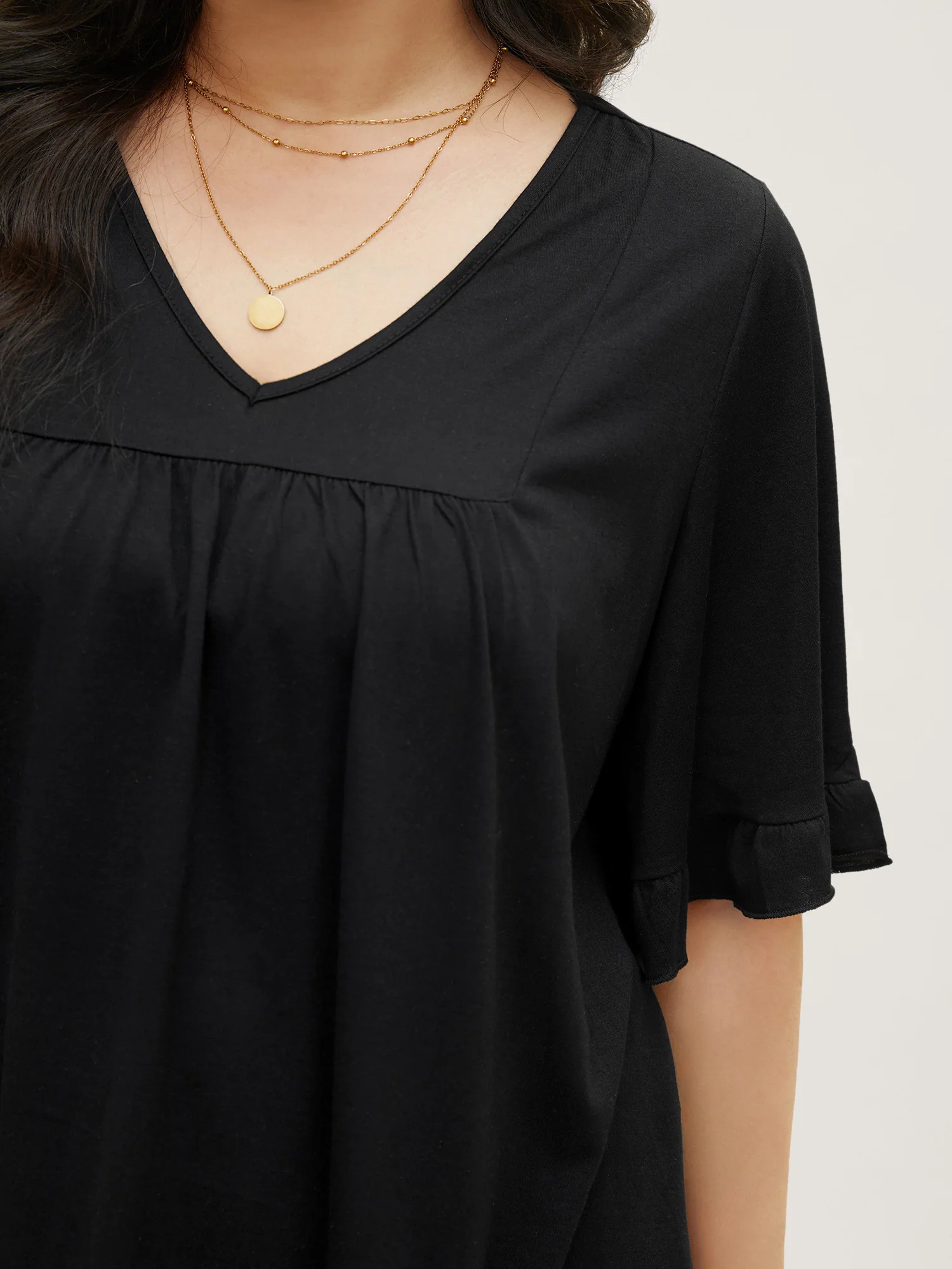 Solid Gathered Ruffle Trim Flounce Sleeve T-shirt - Image 14