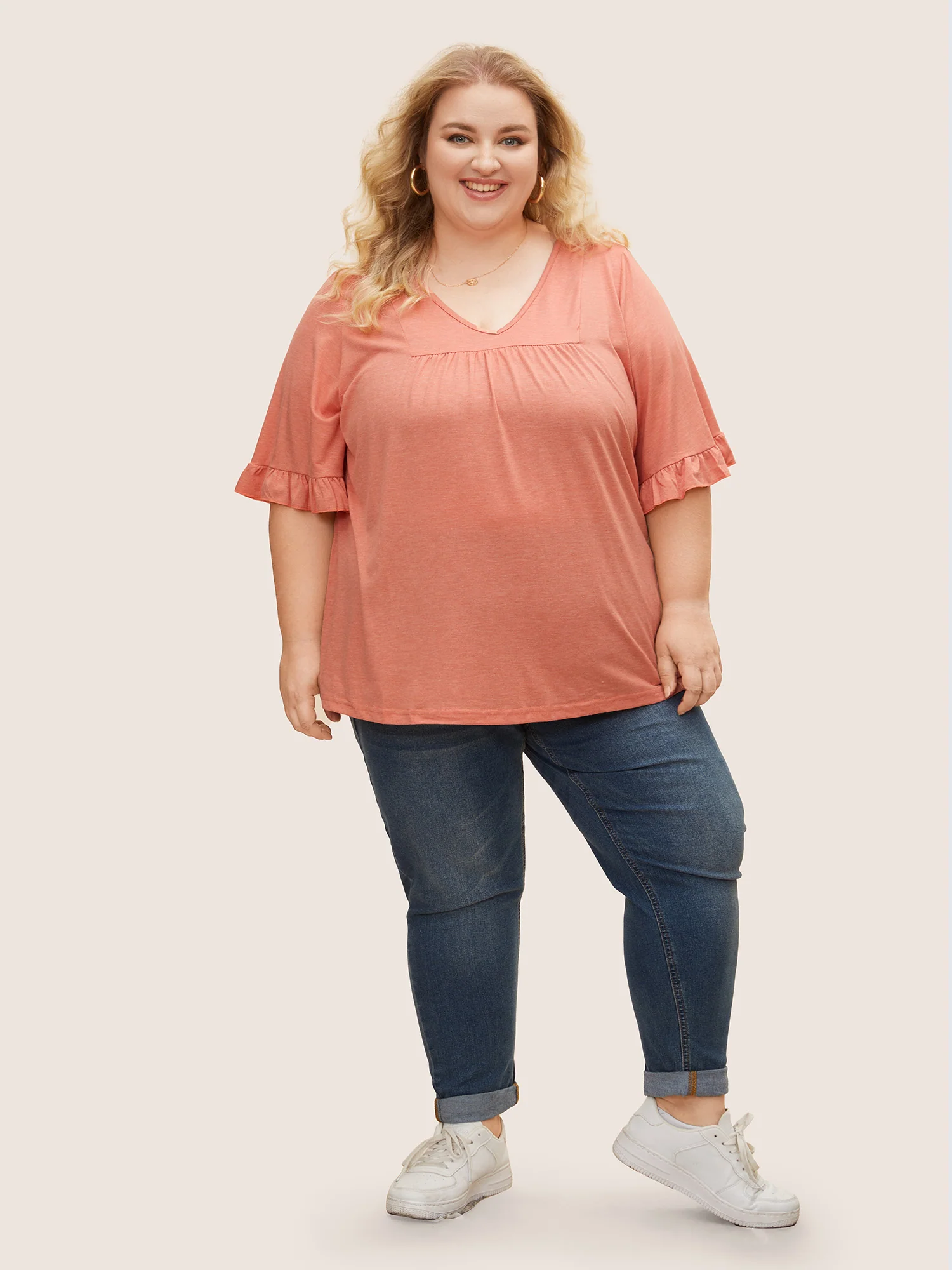 Solid Gathered Ruffle Trim Flounce Sleeve T-shirt - Image 8