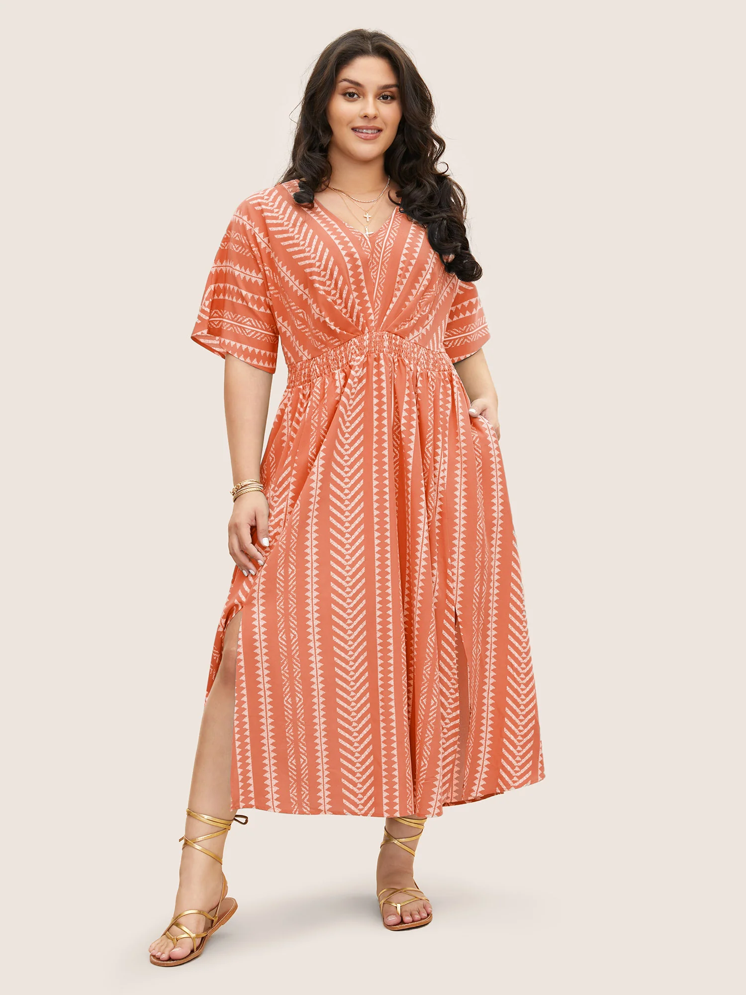 Solid Geometric Dolman Sleeve Pocket Shirred Split Hem Dress - Image 8