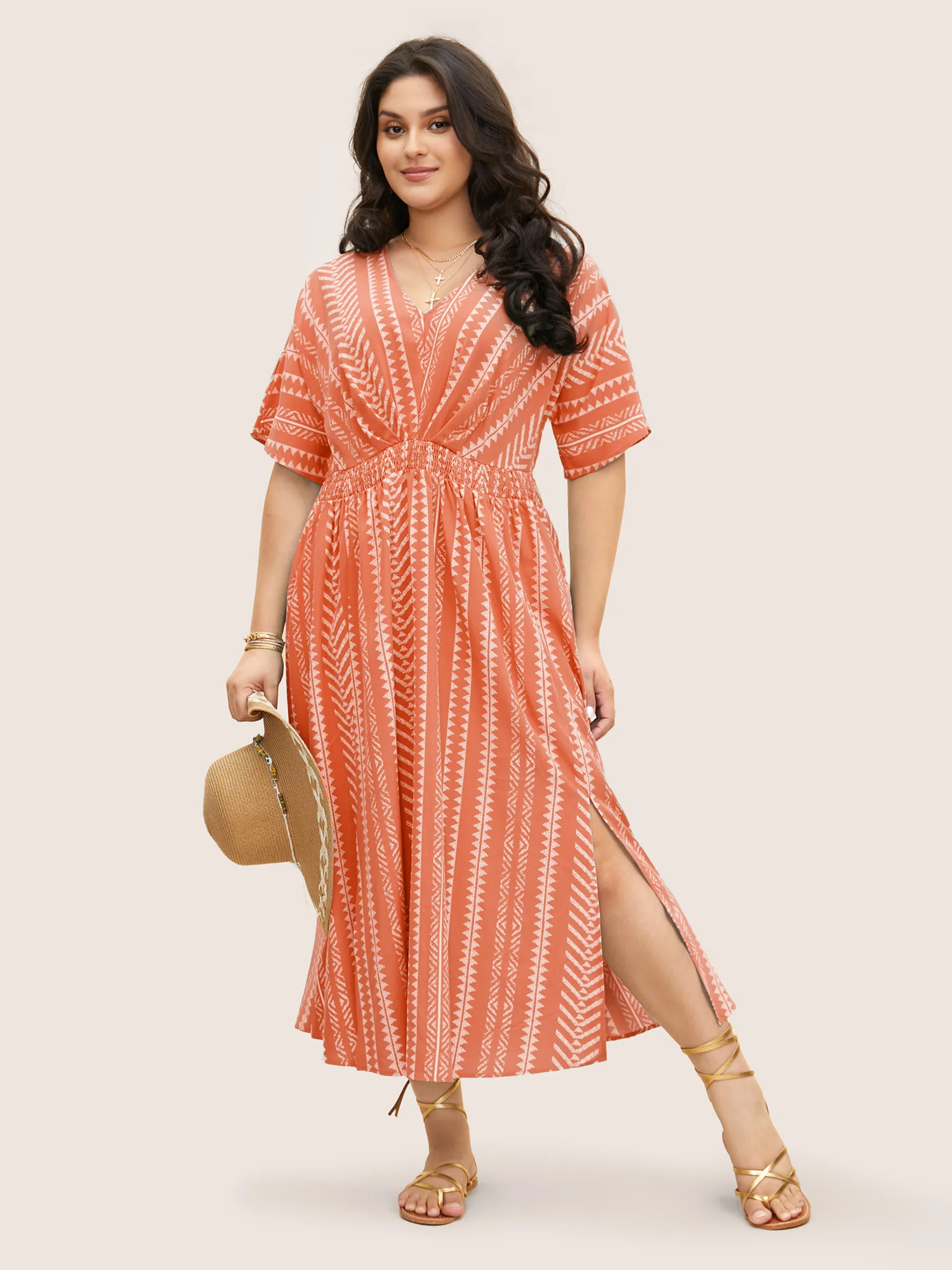 Solid Geometric Dolman Sleeve Pocket Shirred Split Hem Dress - Image 9