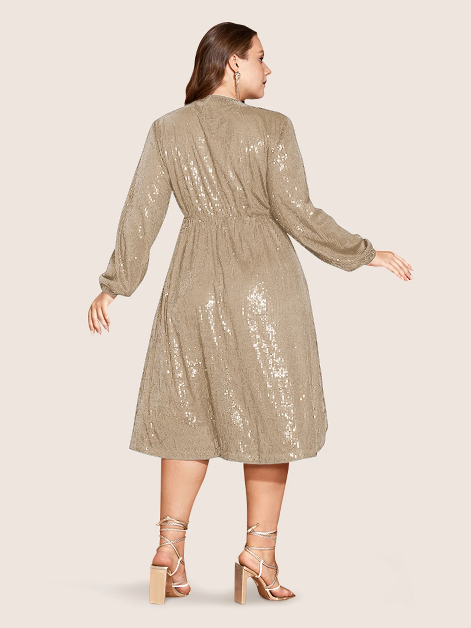 Solid Pocket Lantern Sleeve Wrap Sequin Dress - Image 10