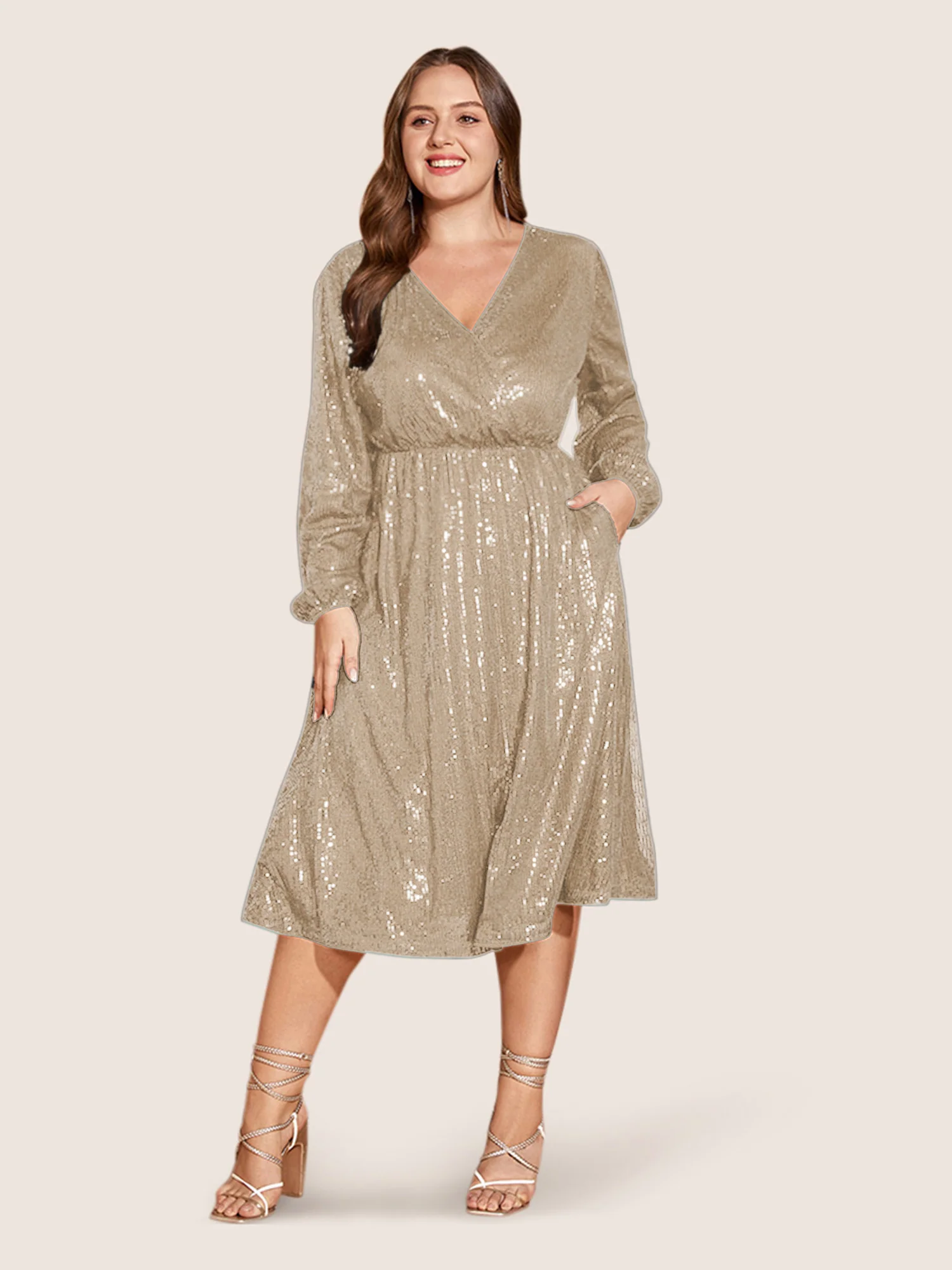 Solid Pocket Lantern Sleeve Wrap Sequin Dress - Image 7
