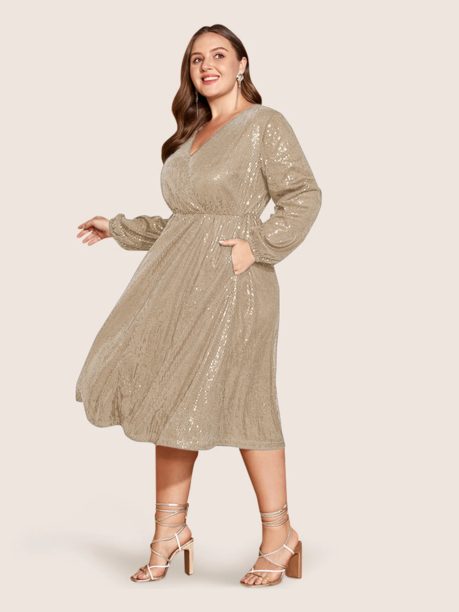 Solid Pocket Lantern Sleeve Wrap Sequin Dress - Image 9