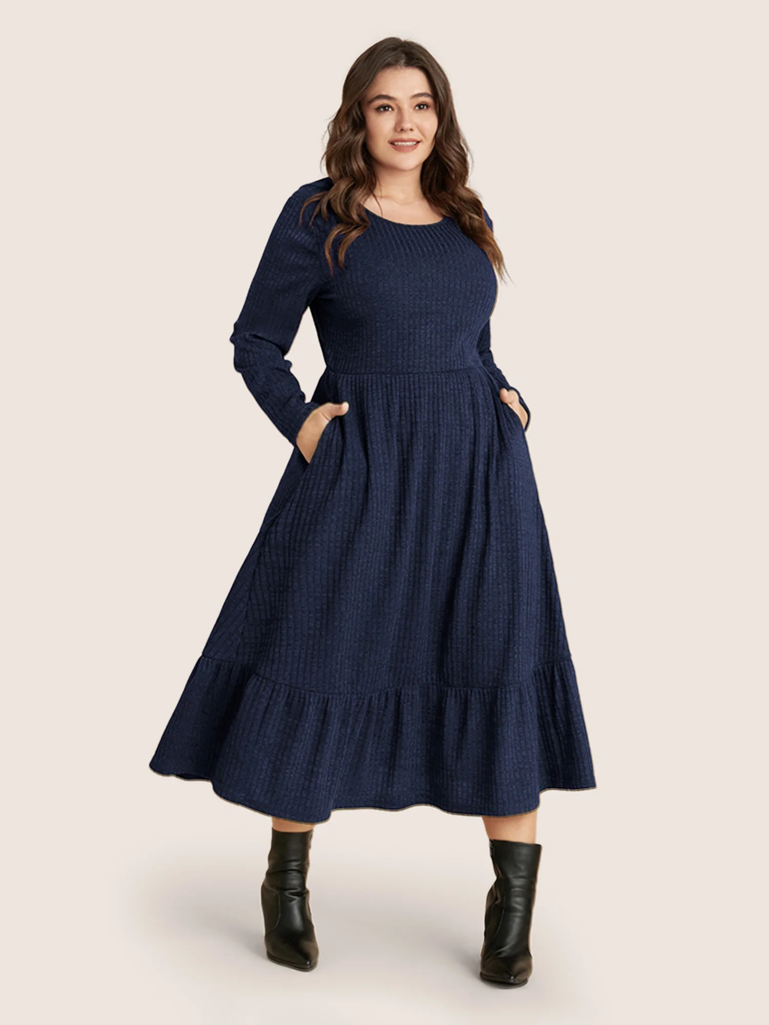 Solid Pocket Rib Knit Ruffle Hem Dress Without Belt - Image 19
