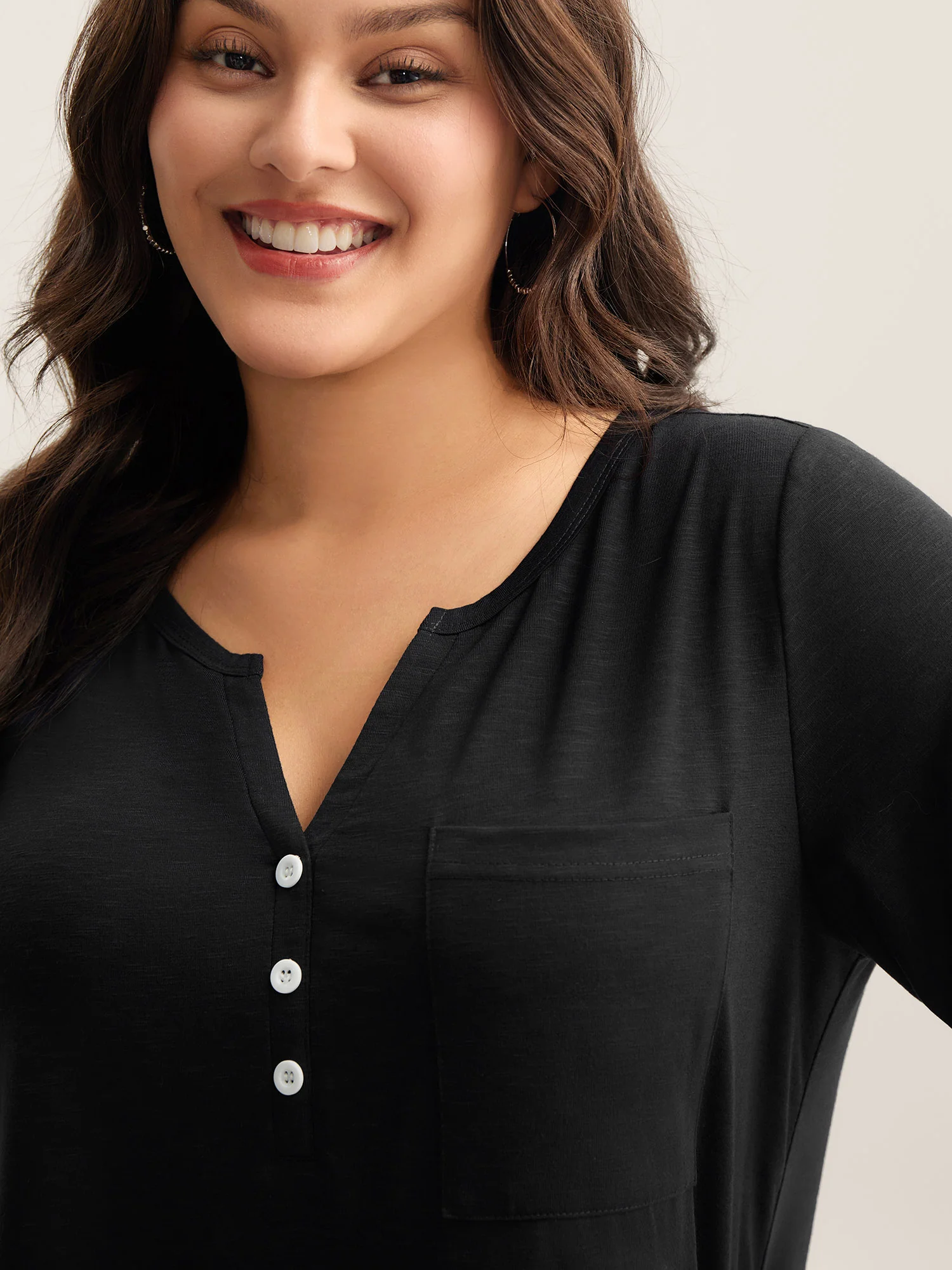 Solid Split Neck Button Detail T-Shirt - Image 2