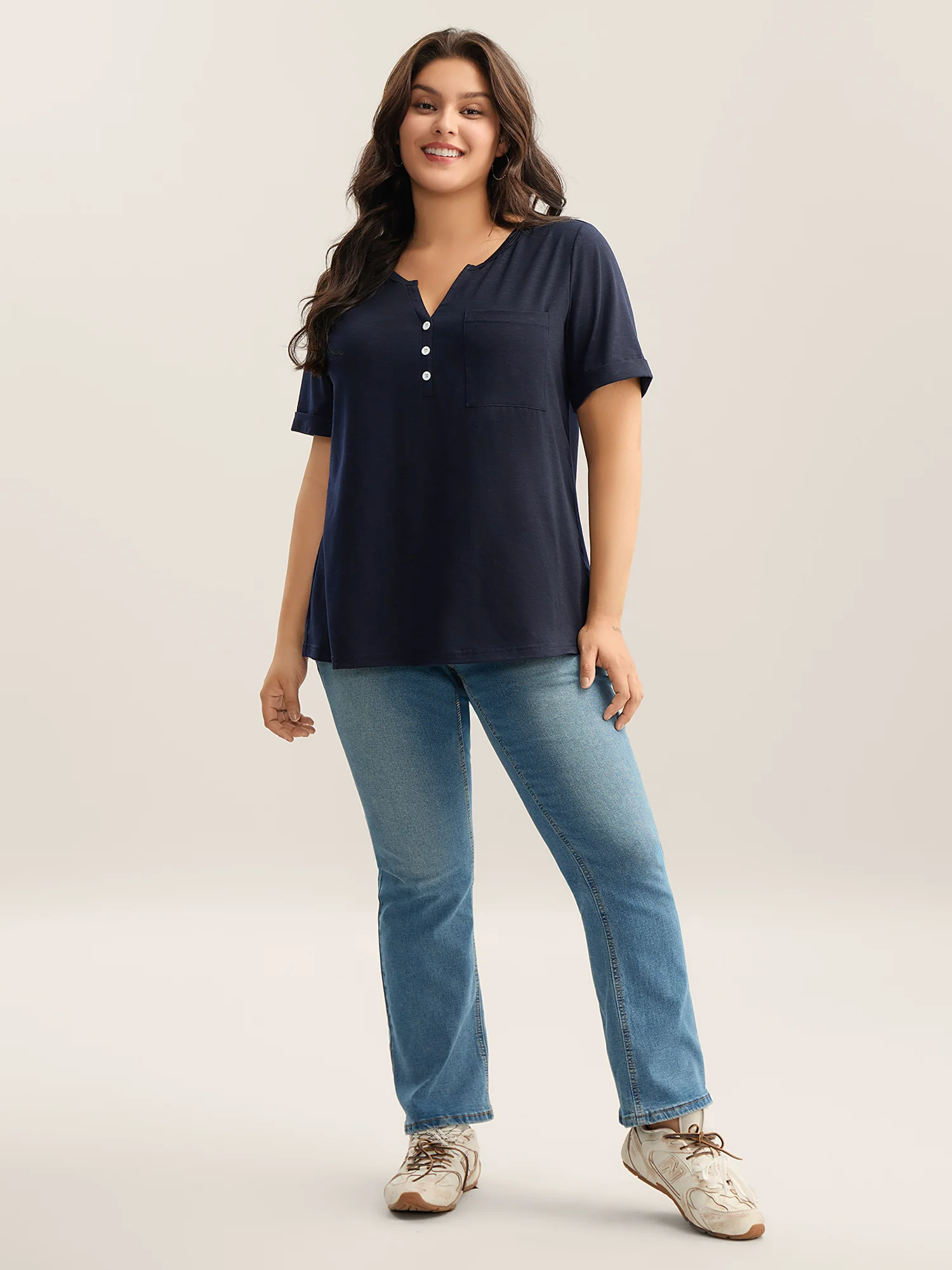 Solid Split Neck Button Detail T-Shirt - Image 7