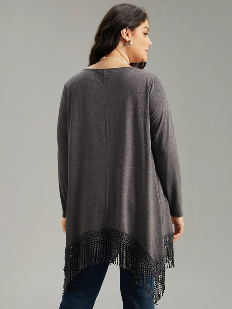 Solid Tassels Trim Pocket Asymmetrical Hem T-shirt - Image 2