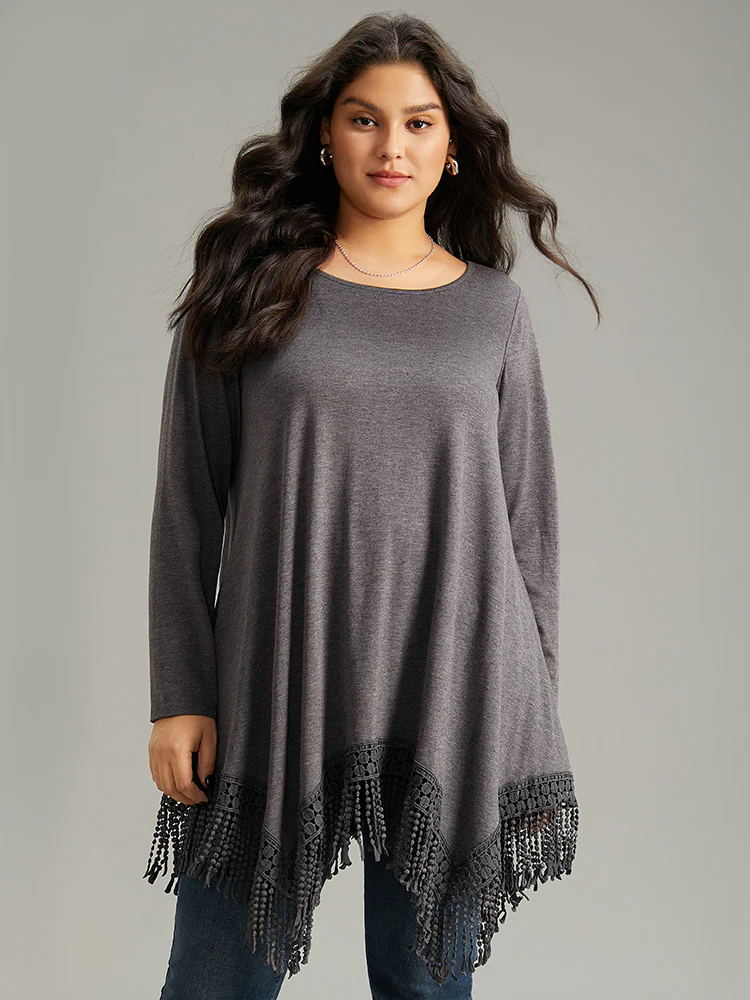 Solid Tassels Trim Pocket Asymmetrical Hem T-shirt - Image 3