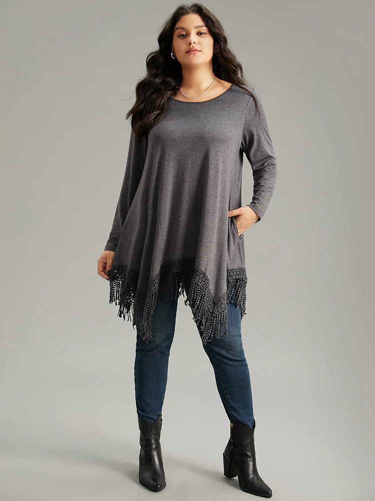 Solid Tassels Trim Pocket Asymmetrical Hem T-shirt - Image 4