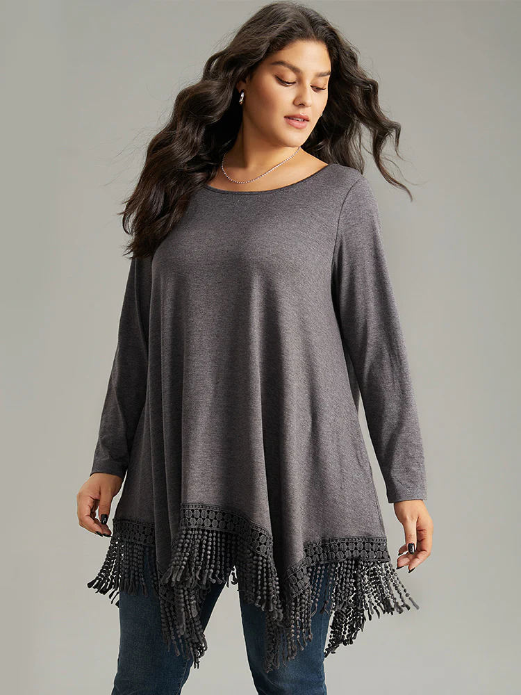 Solid Tassels Trim Pocket Asymmetrical Hem T-shirt - Image 5