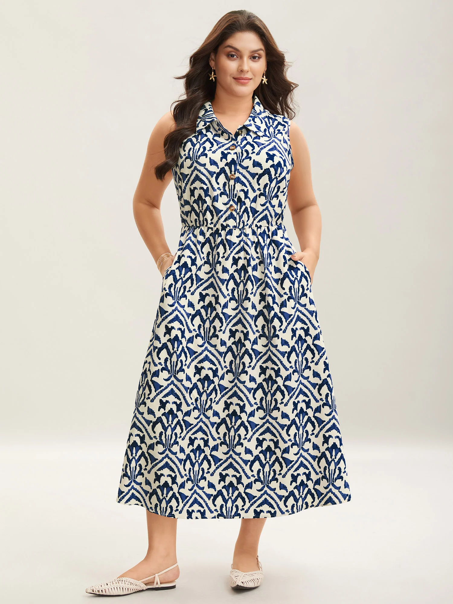 Spring Abstract Print Shirt Collar Midi Dress - Image 3