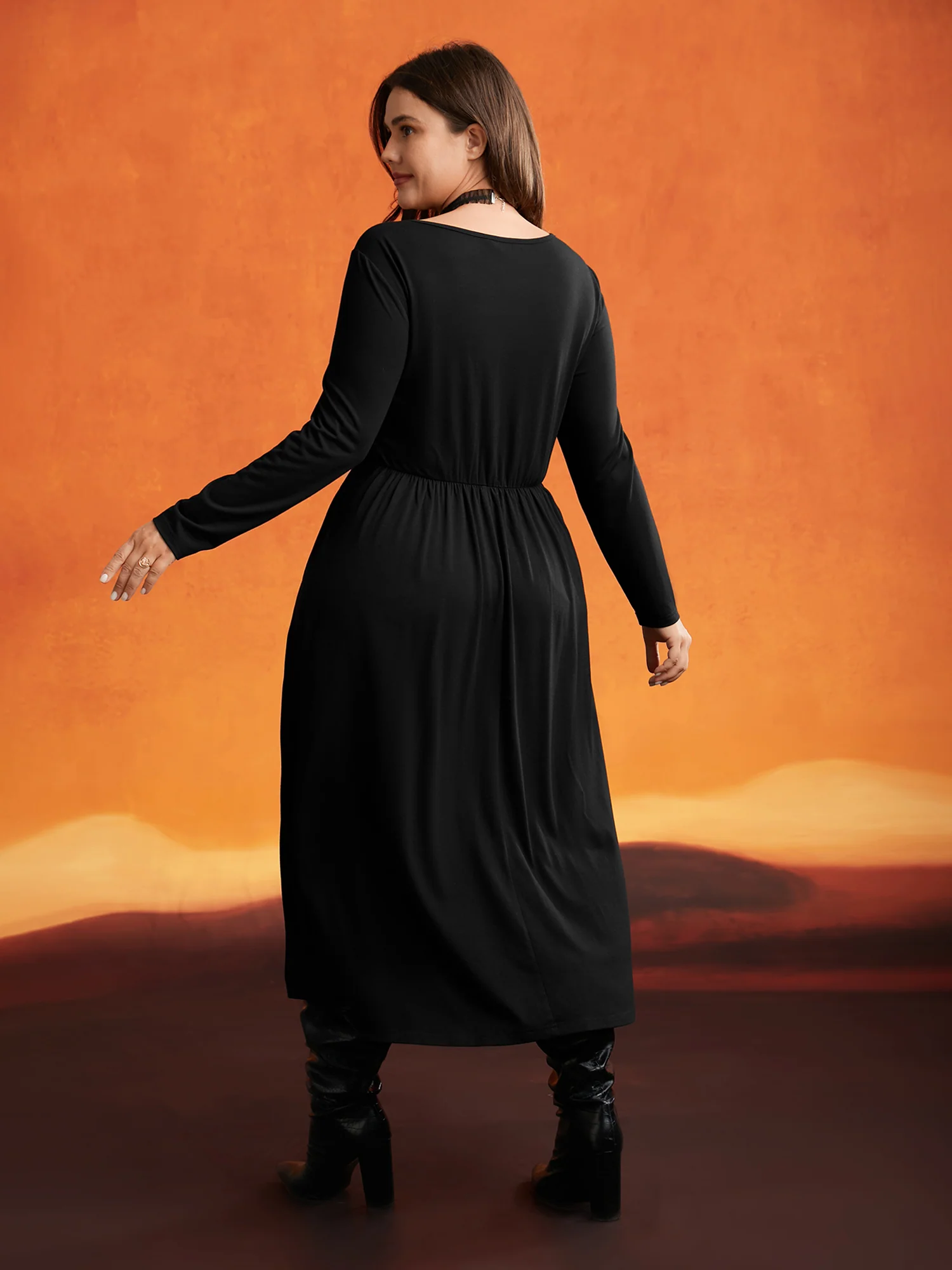 Stretchy Knit Adjustable Tie Frill Trim Midi Dress - Image 11