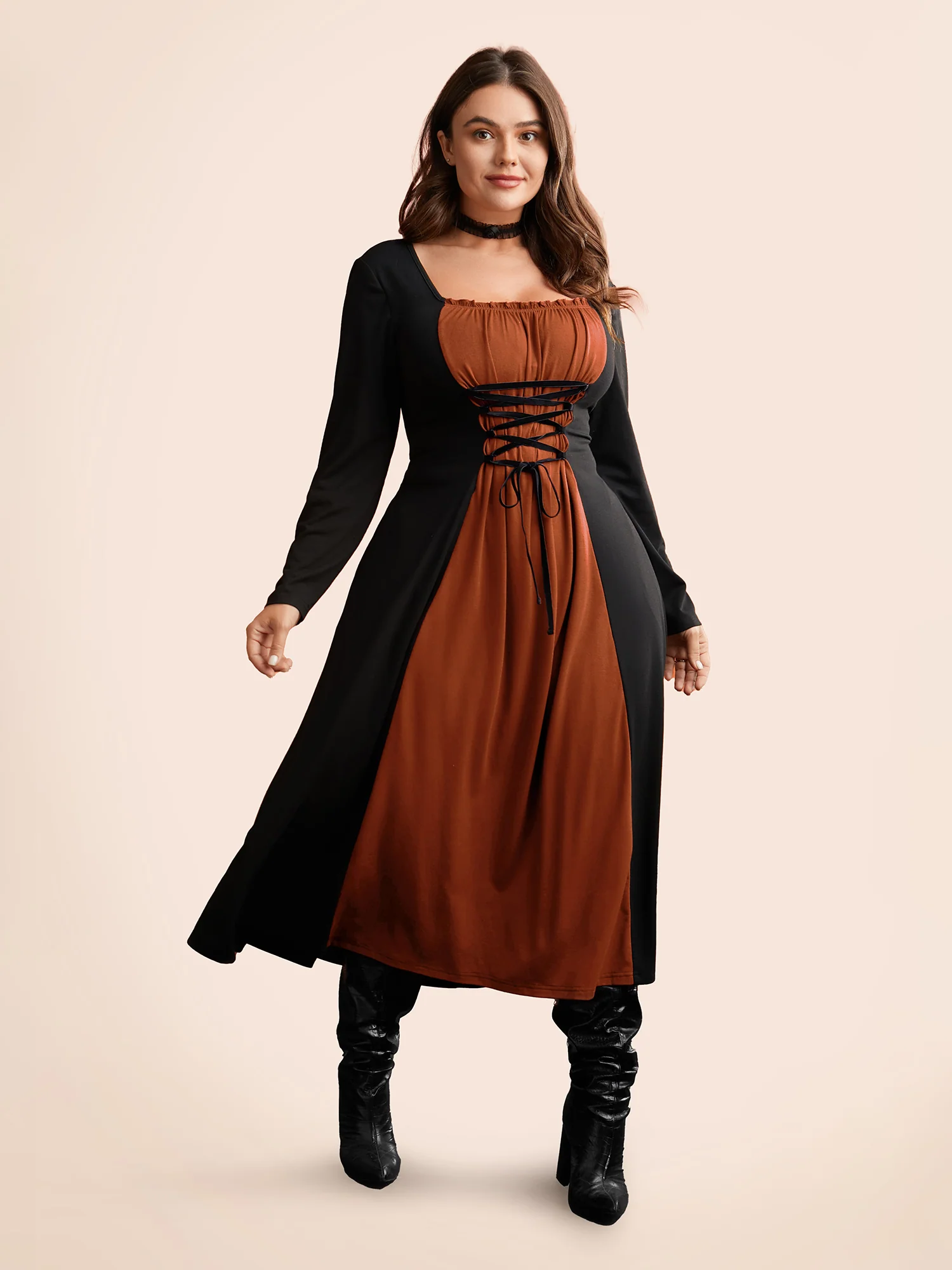 Stretchy Knit Adjustable Tie Frill Trim Midi Dress - Image 12