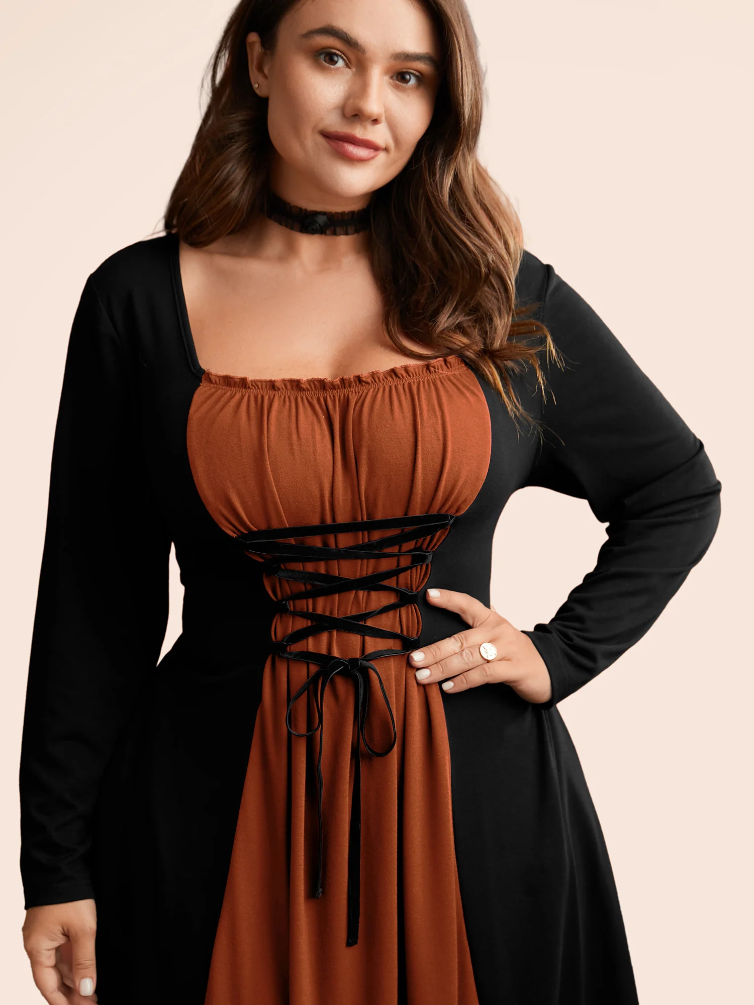 Stretchy Knit Adjustable Tie Frill Trim Midi Dress - Image 13