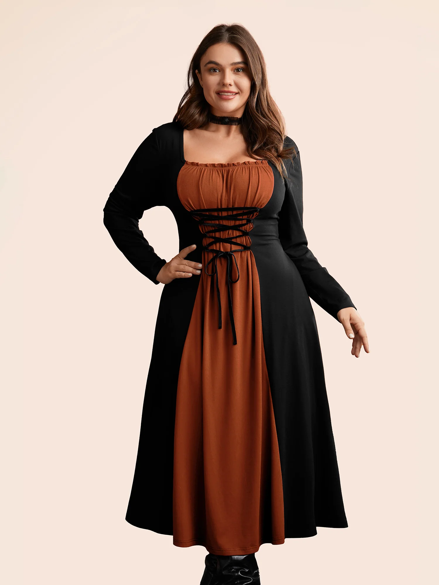 Stretchy Knit Adjustable Tie Frill Trim Midi Dress - Image 14