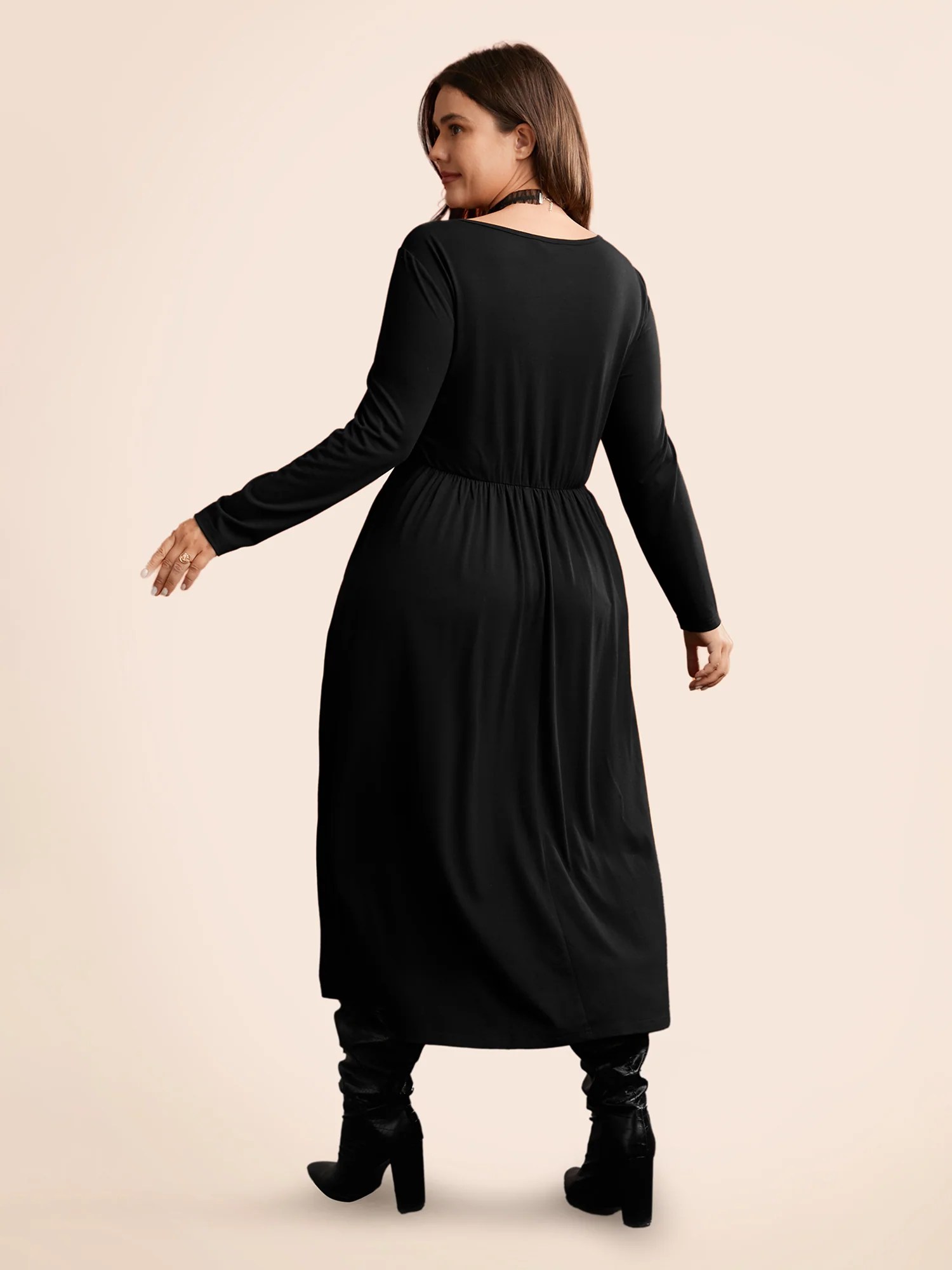 Stretchy Knit Adjustable Tie Frill Trim Midi Dress - Image 15