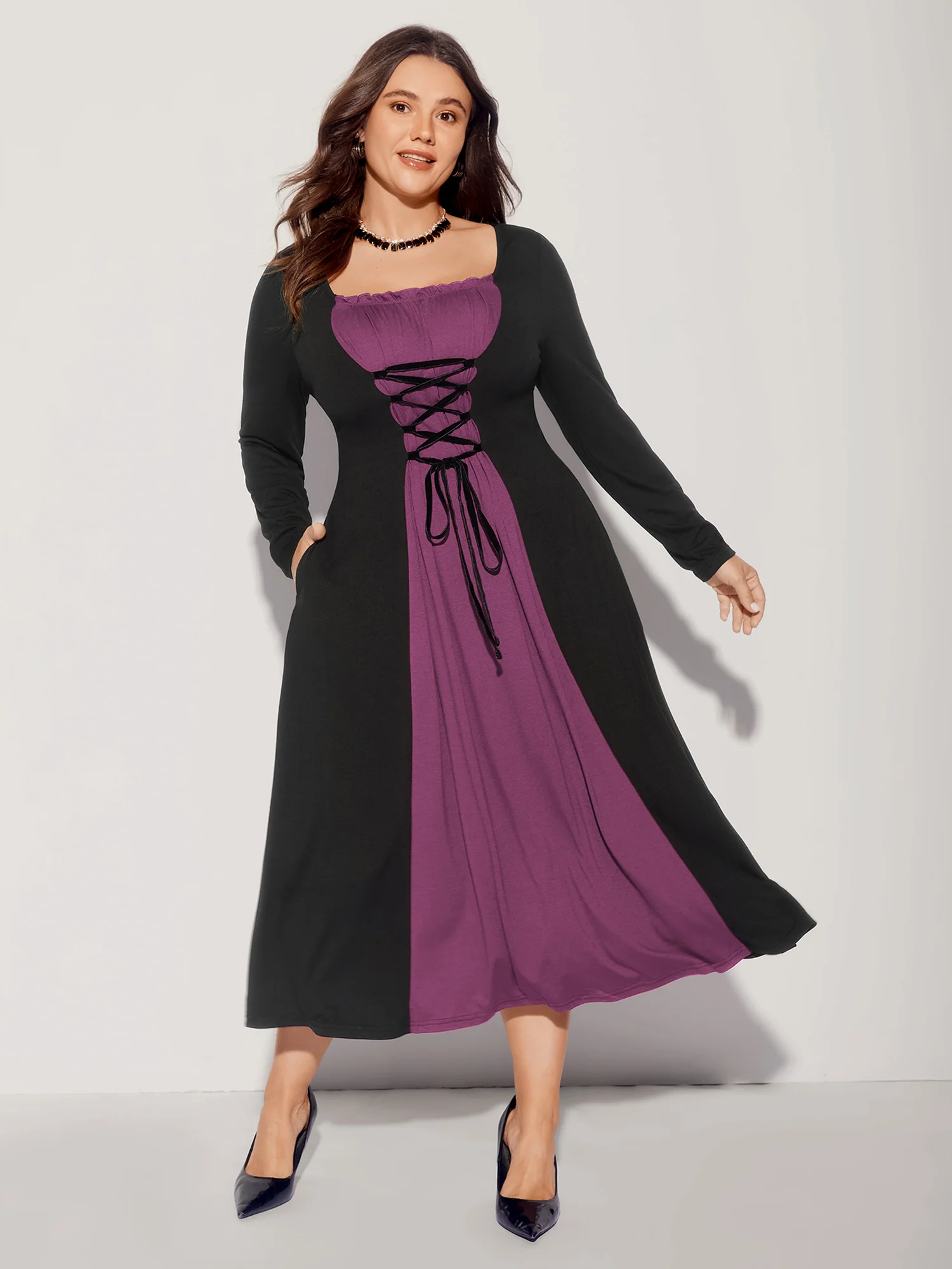 Stretchy Knit Adjustable Tie Frill Trim Midi Dress - Image 16