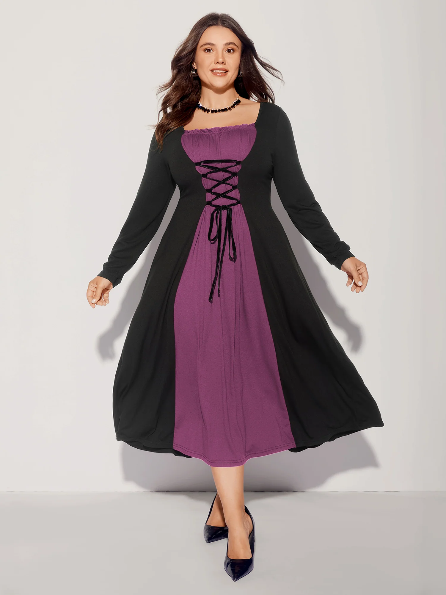 Stretchy Knit Adjustable Tie Frill Trim Midi Dress - Image 18