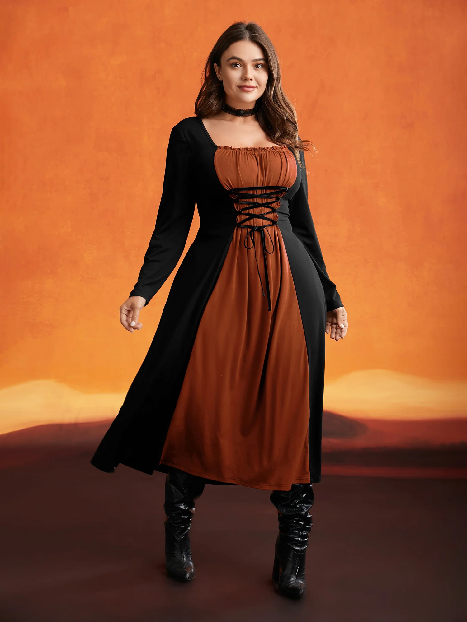 Stretchy Knit Adjustable Tie Frill Trim Midi Dress - Image 8
