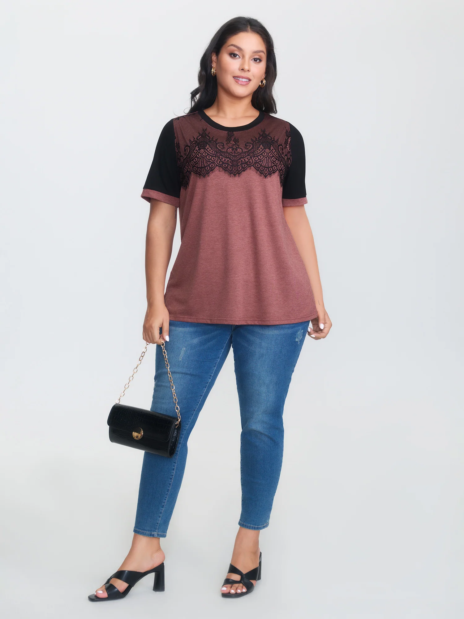 Stretchy Scalloped Lace Color Contrast T-Shirt - Image 3