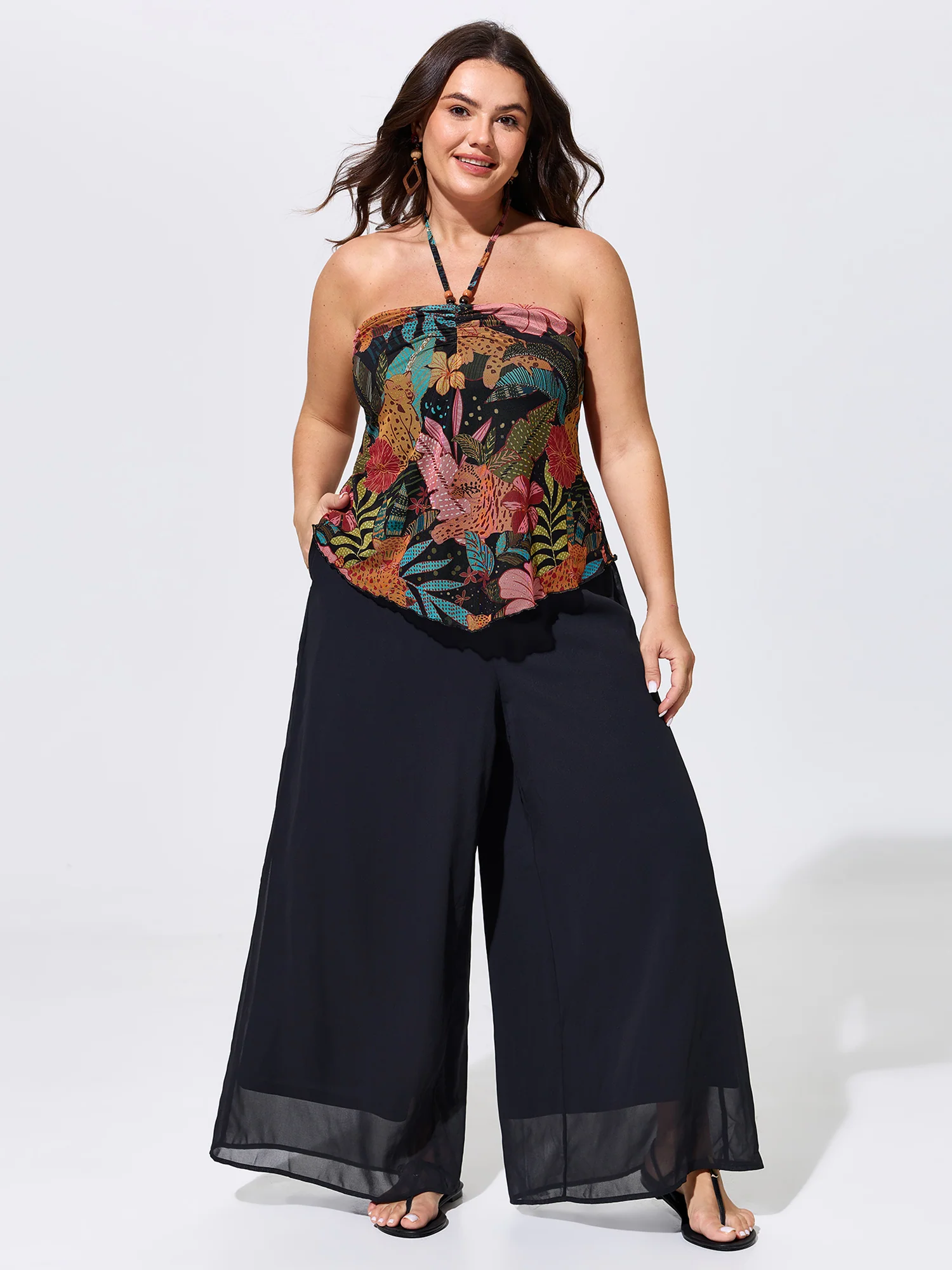 Stretchy Tropical Print Neck-Tie Jersey Top - Image 3