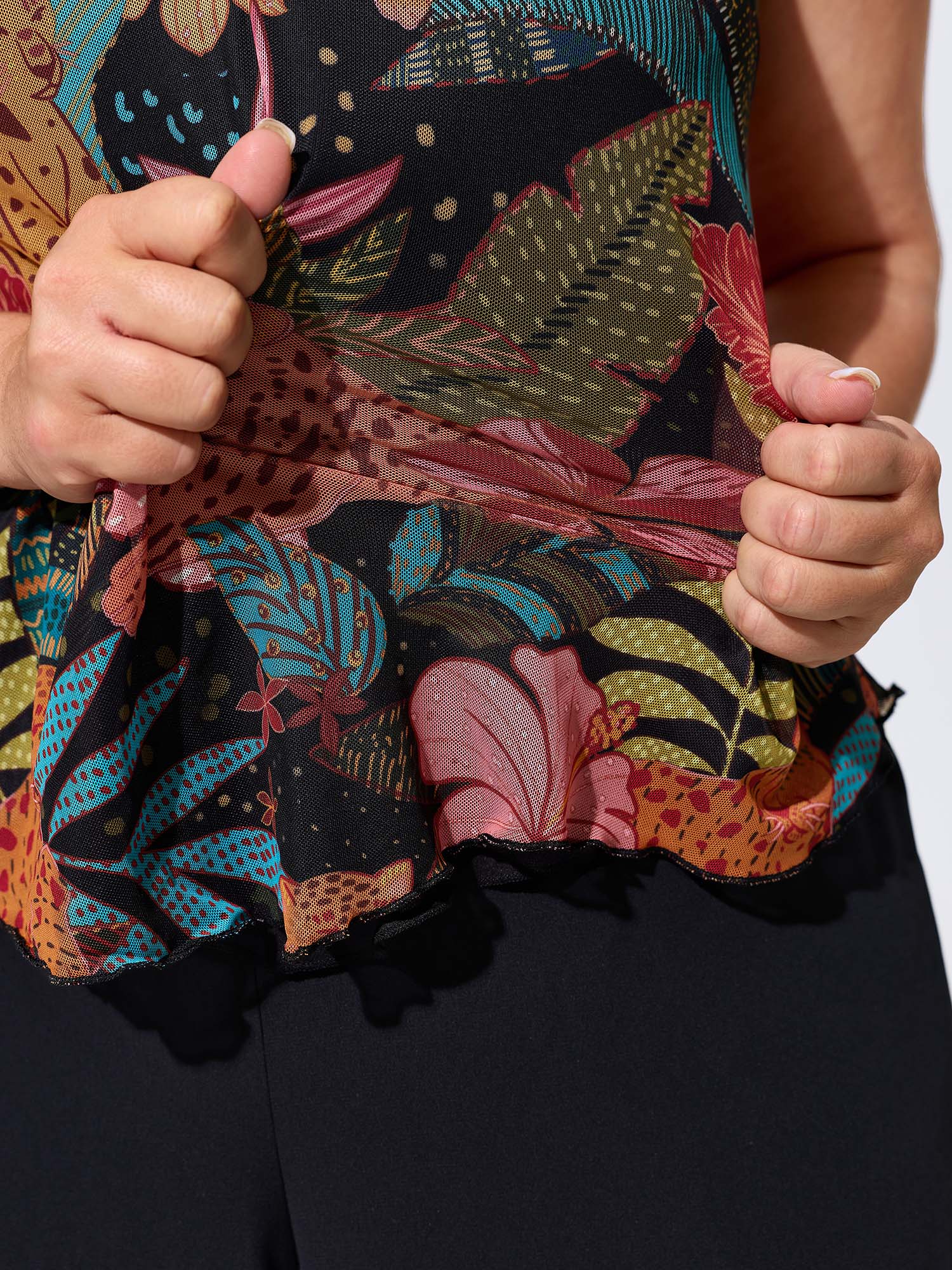 Stretchy Tropical Print Neck-Tie Jersey Top - Image 4